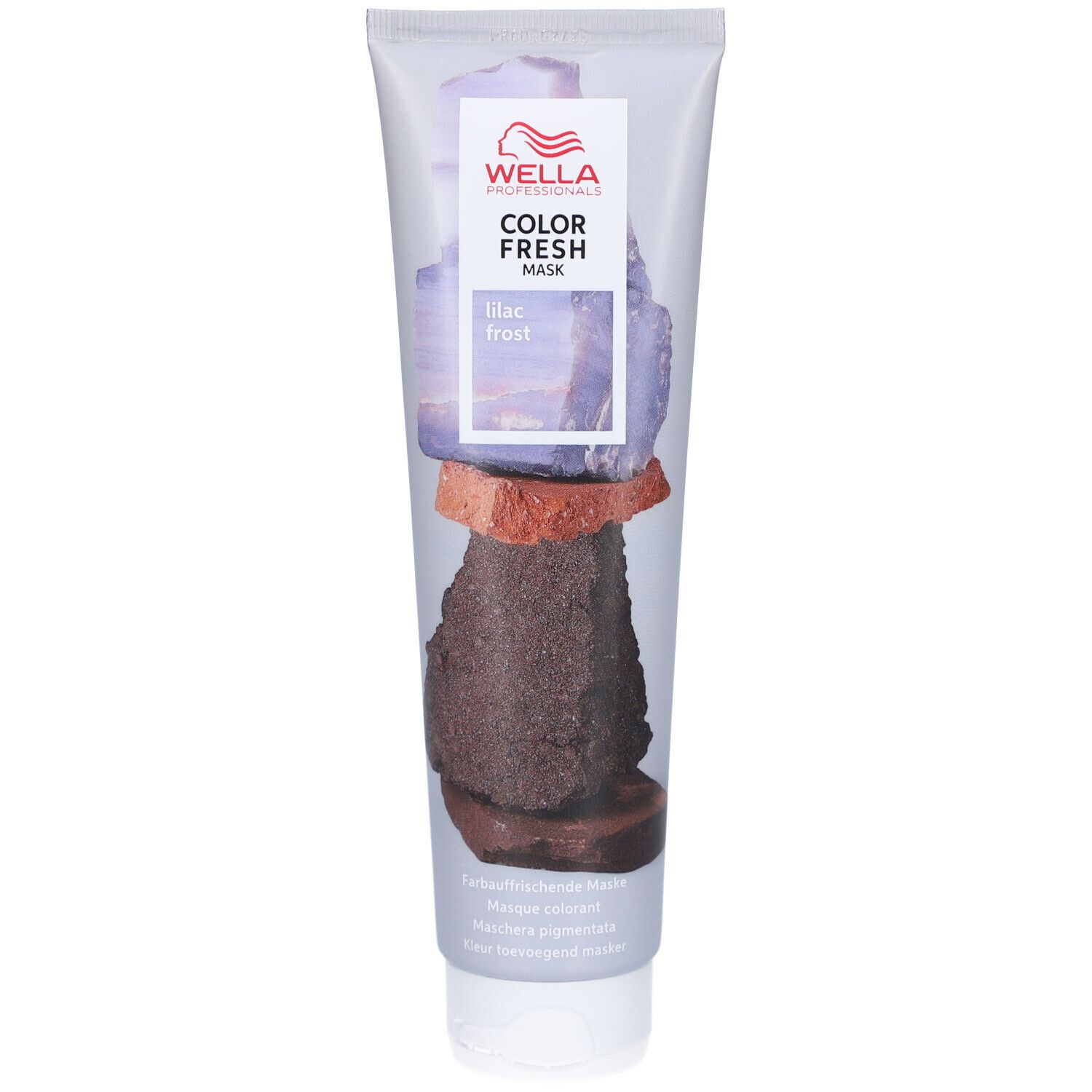 Tube Wella Professionals Color Fresh Mask Lilac Frost. Voorkant met productnaam en afbeelding van stenen.