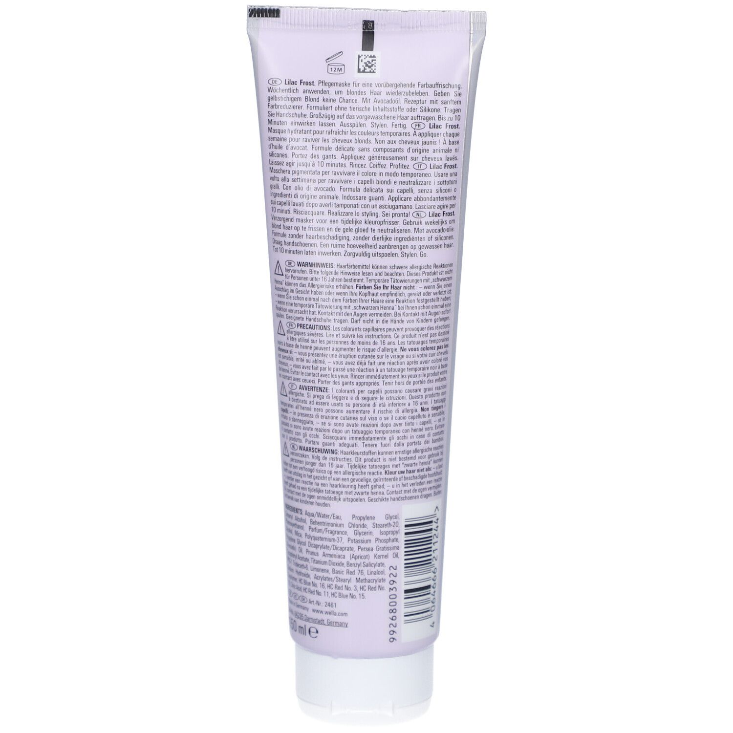 Achterkant van de tube Wella Professionals Color Fresh Mask Lilac Frost. Meertalige tekst, barcode.