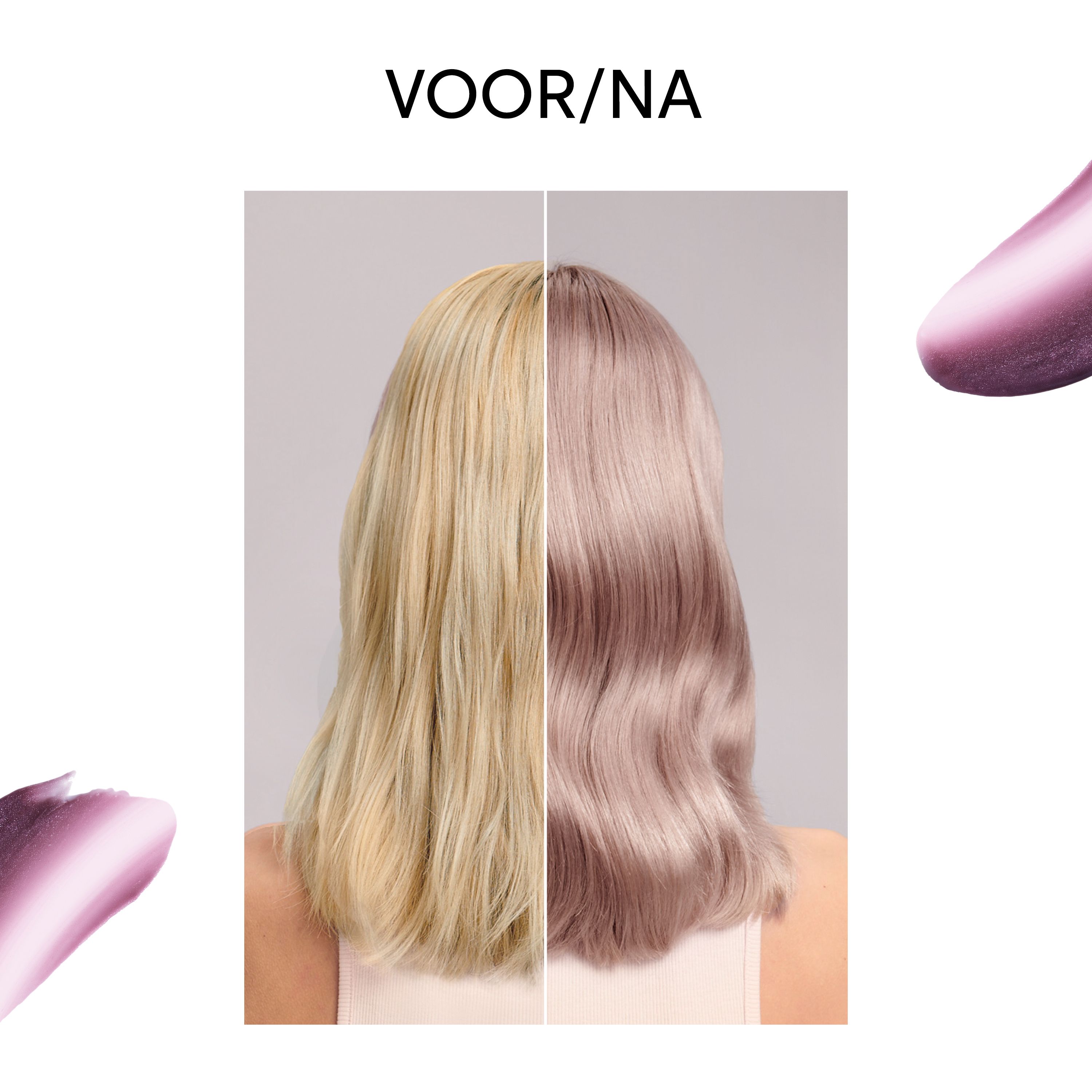 Voor- en na-vergelijking van haarkleuren. Blond haar naast gekleurd haar in Lilac Frost.