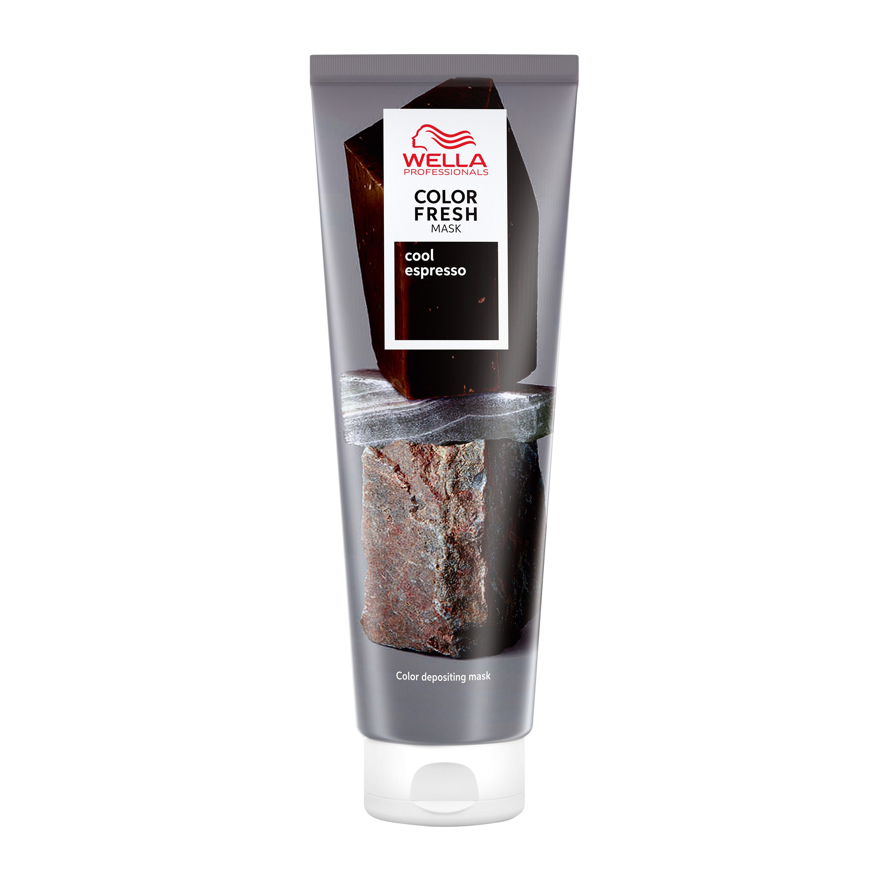 Wella Color Fresh Mask Cool Espresso. Tube met product, witte dop. Zwarte en bruine kleuren. Tekst: Color Fresh Mask.