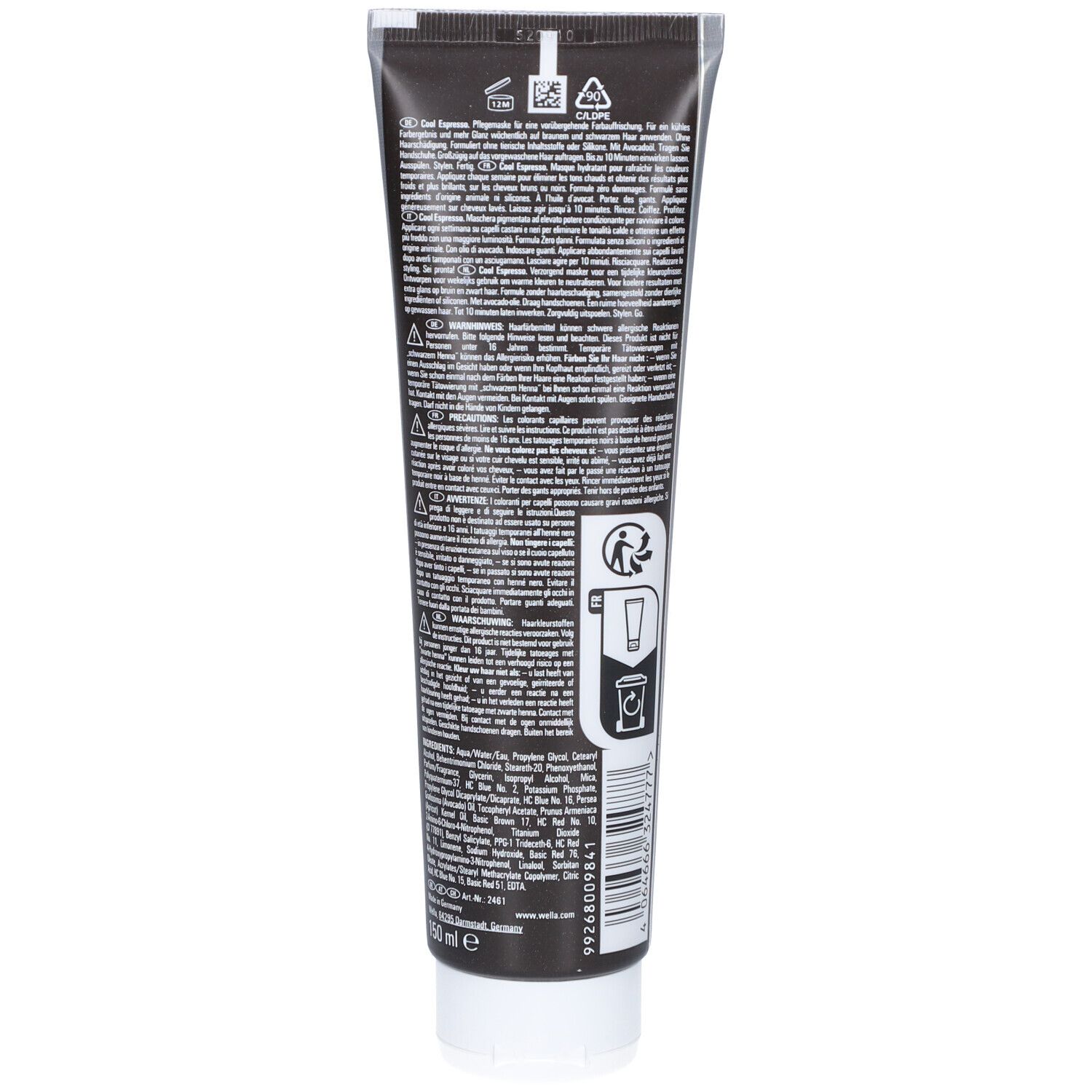 Dos d'un tube de Wella Color Fresh Mask. Texte multilingue, informations et pictogrammes.