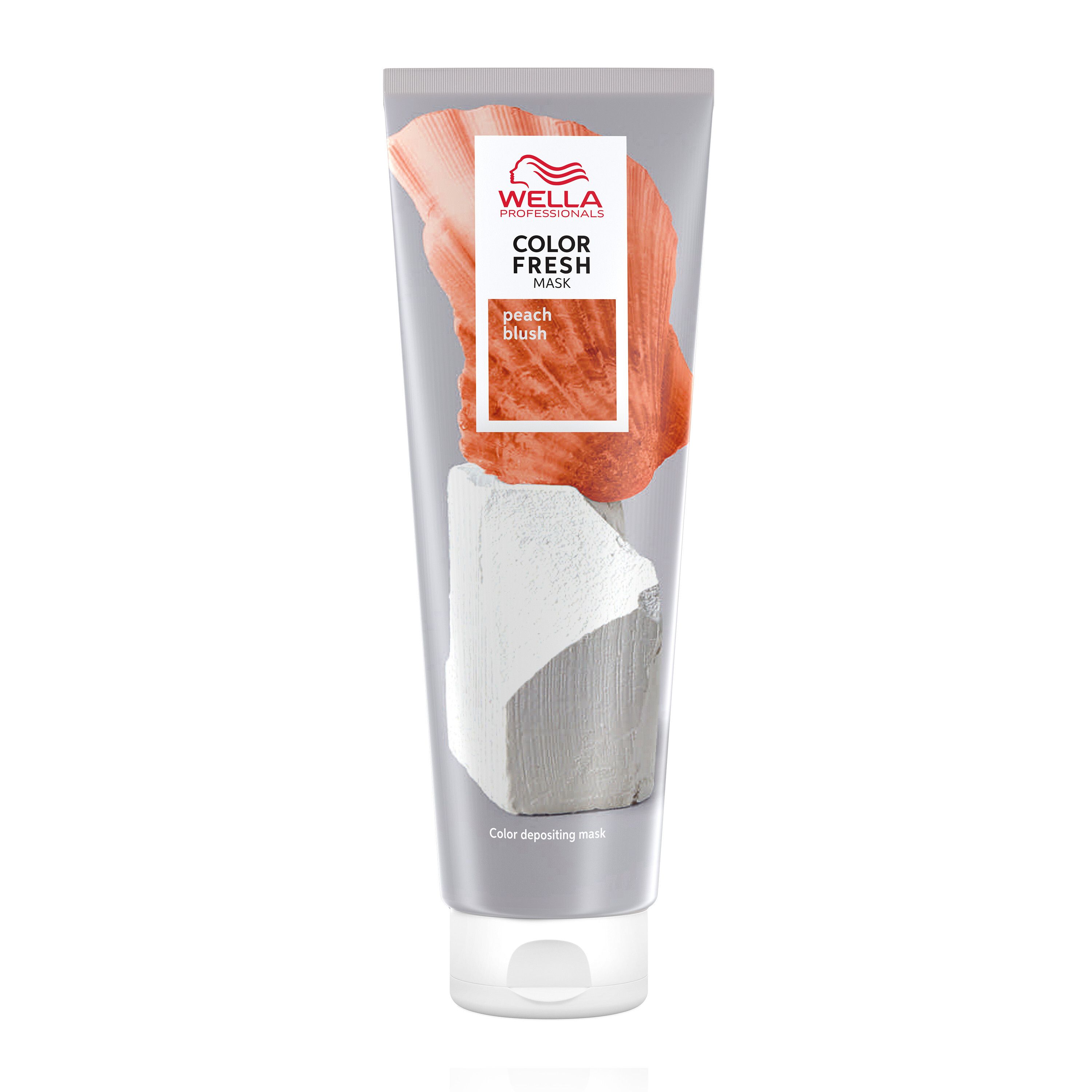Tube Wella Color Fresh Mask Peach Blush. Masque rafraîchissant la couleur. Bouchon blanc, fond gris avec illustration pêche.