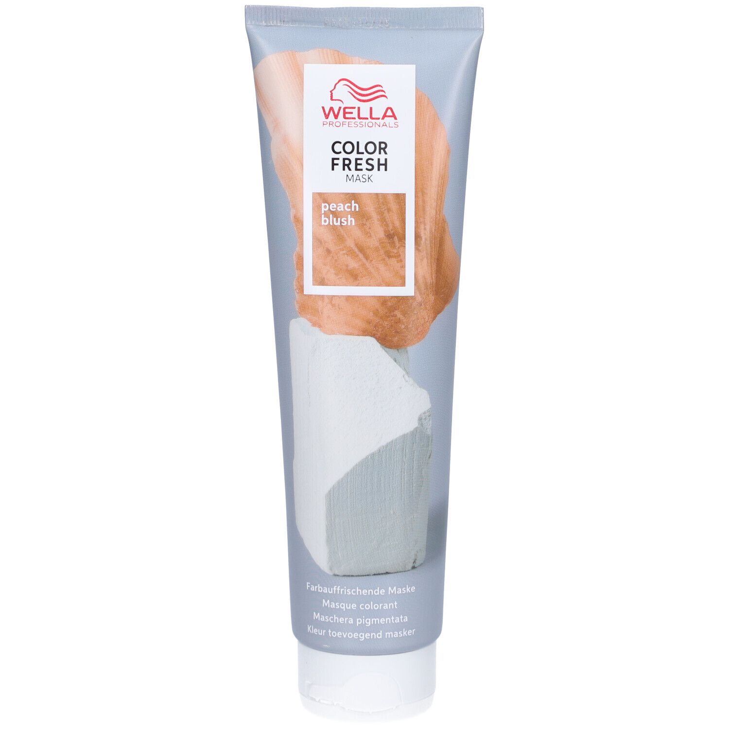 Tube de Wella Color Fresh Mask Peach Blush. Masque rafraîchissant la couleur. Bouchon blanc, fond gris avec illustration pêche.
