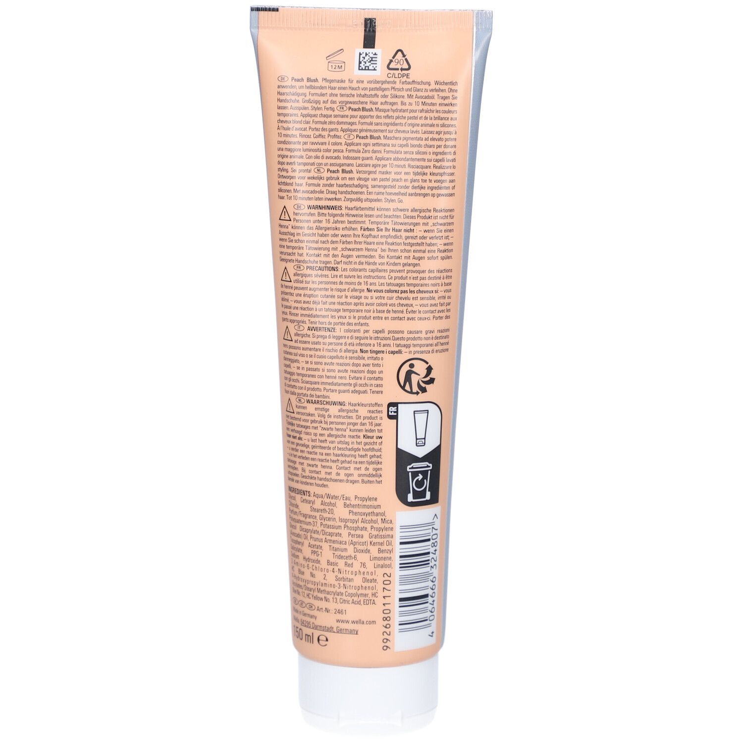 Dos du tube Wella Color Fresh Mask Peach Blush. Texte avec informations et avertissements. Bouchon blanc.
