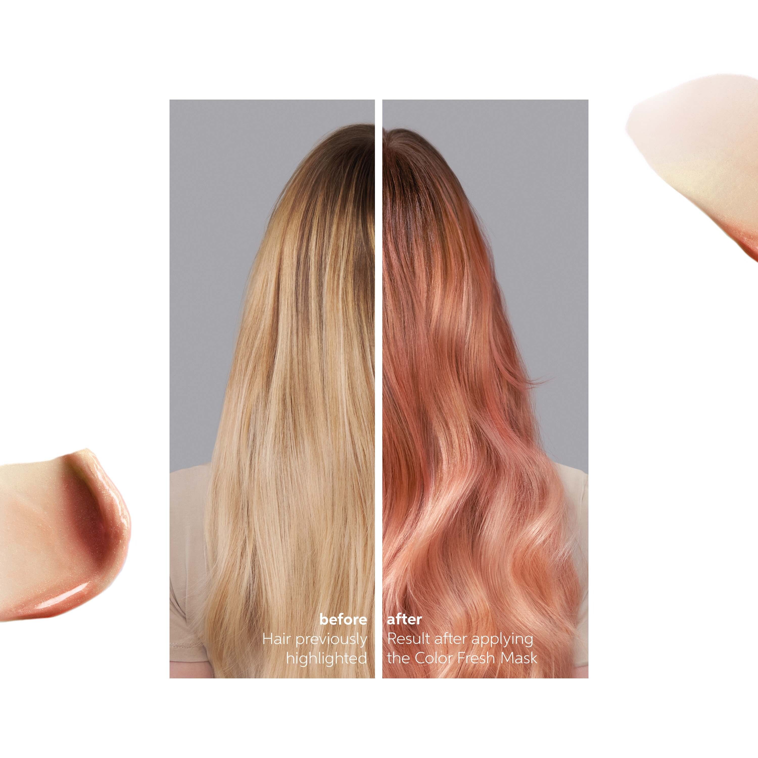 Voor-en-na-vergelijking. Blond haar, dan haar met Peach Blush. Tekst: 'before' en 'after'.