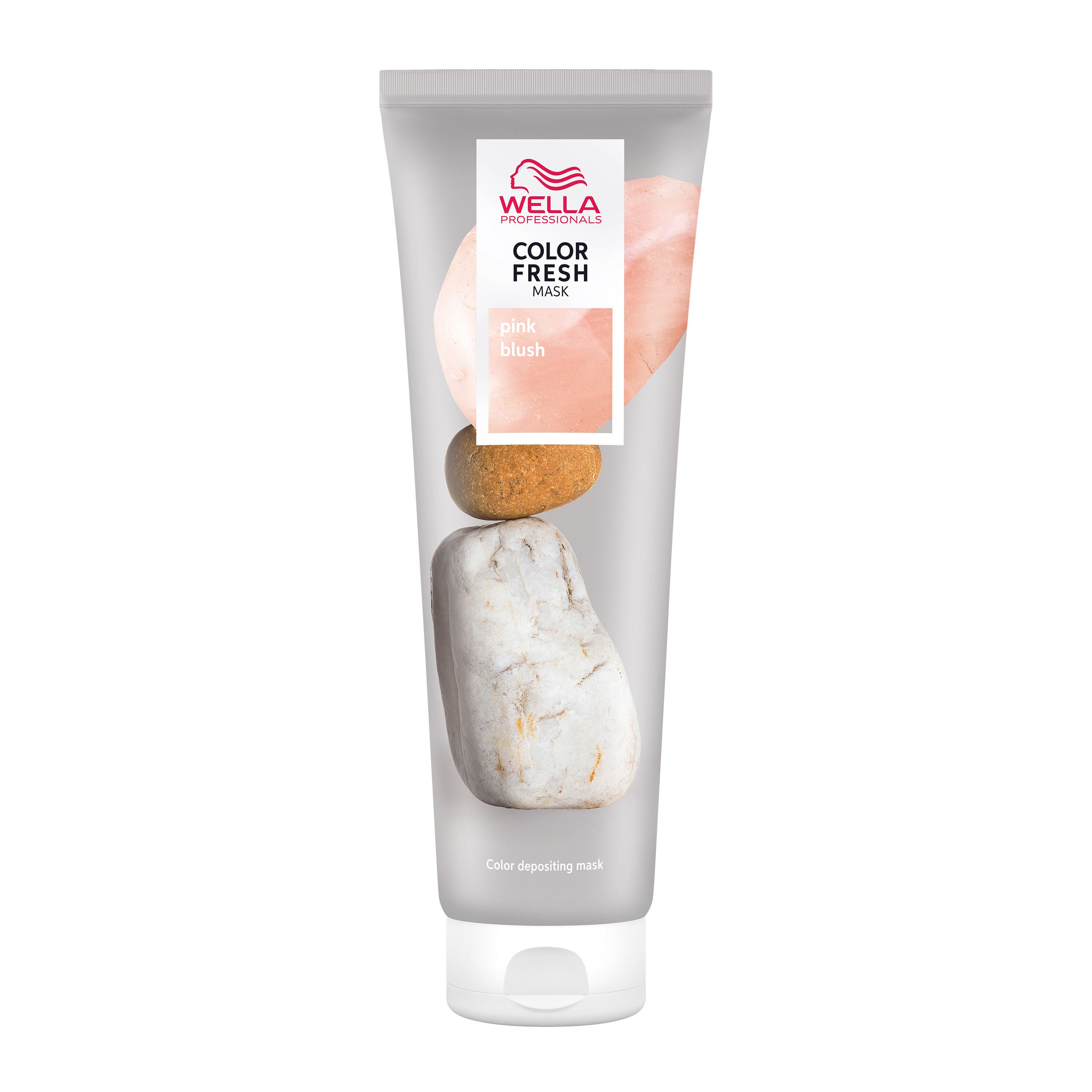 Kleurverfrissend masker in tube. Opschrift: Wella Color Fresh Mask Pink Blush. Illustratie van stenen.