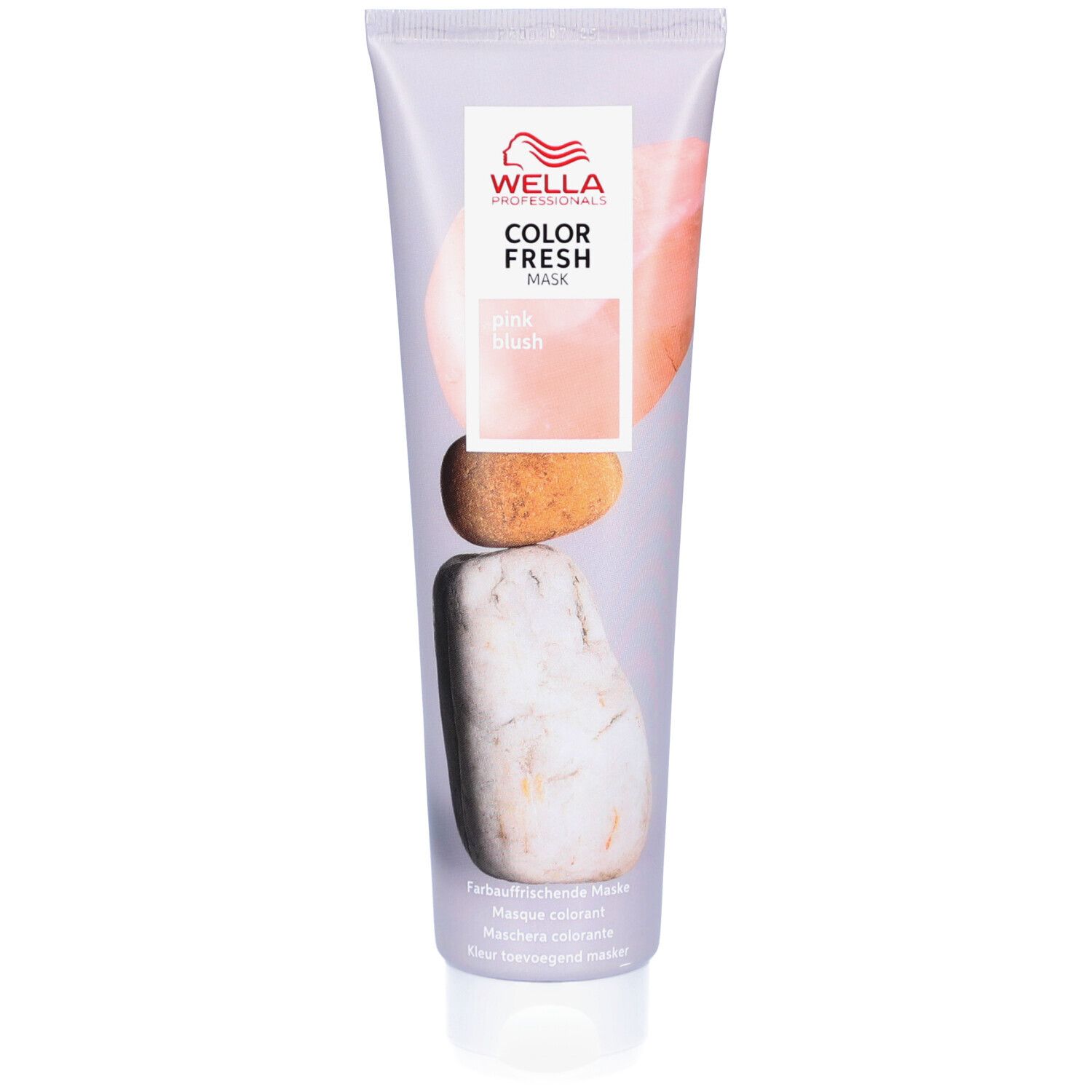 Kleurverfrissend masker in tube. Opschrift: Wella Color Fresh Mask Pink Blush. Illustratie van stenen.