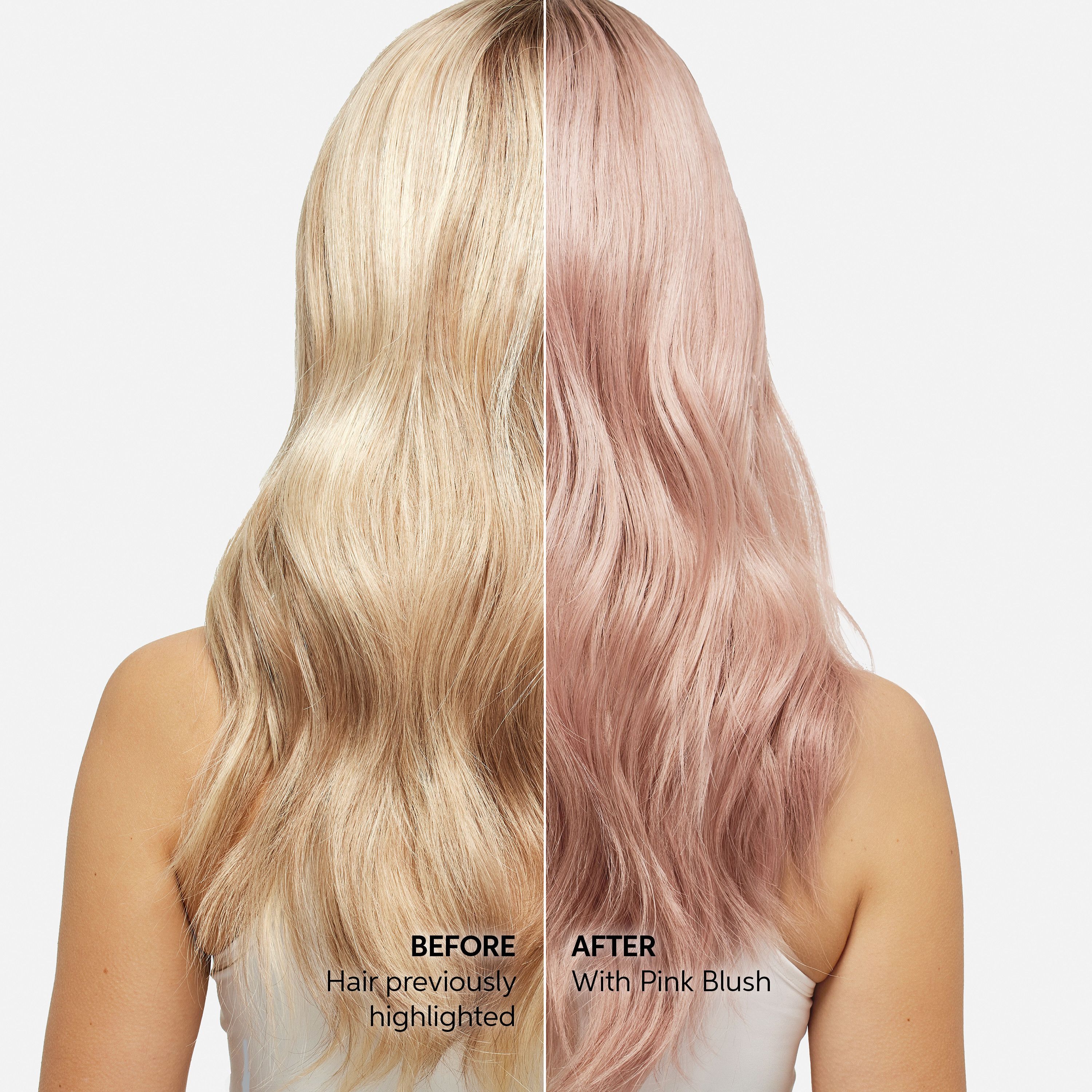 Vergelijking van blond haar voor en na Pink Blush. Resultaat: roze haar.