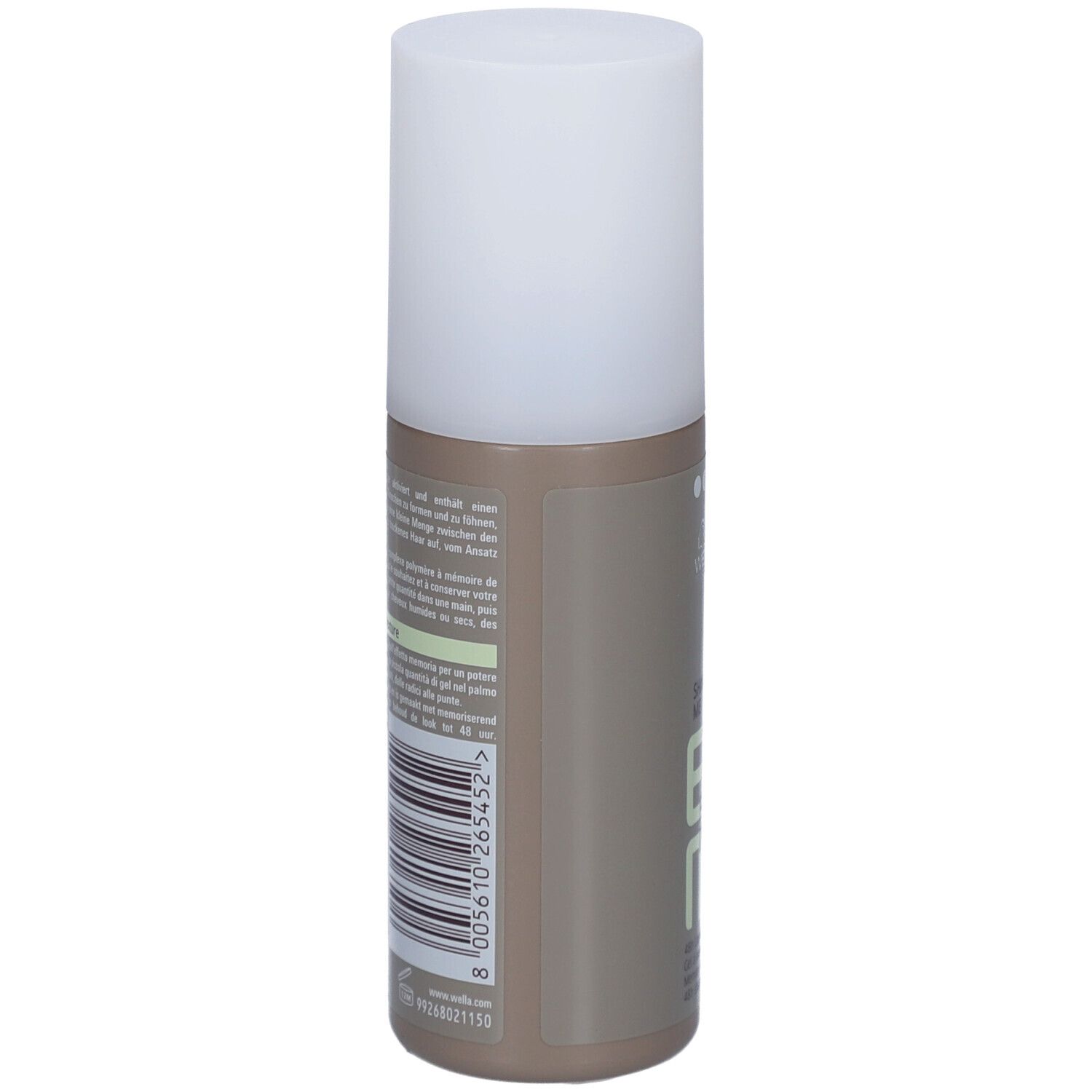 Achterkant van de Wella EIMI Shape Me fles. Barcode en tekst. Fles met witte dop.