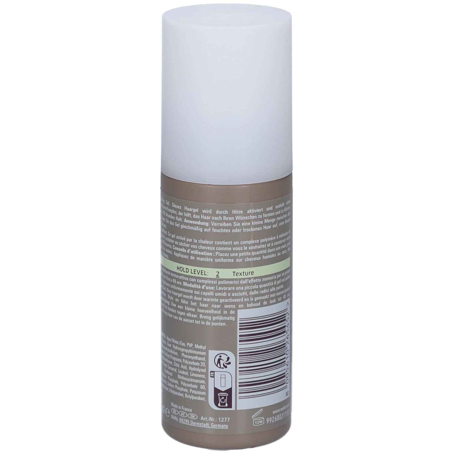 Achterkant van de Wella EIMI Shape Me fles. Tekst en logo. Fles met witte dop.