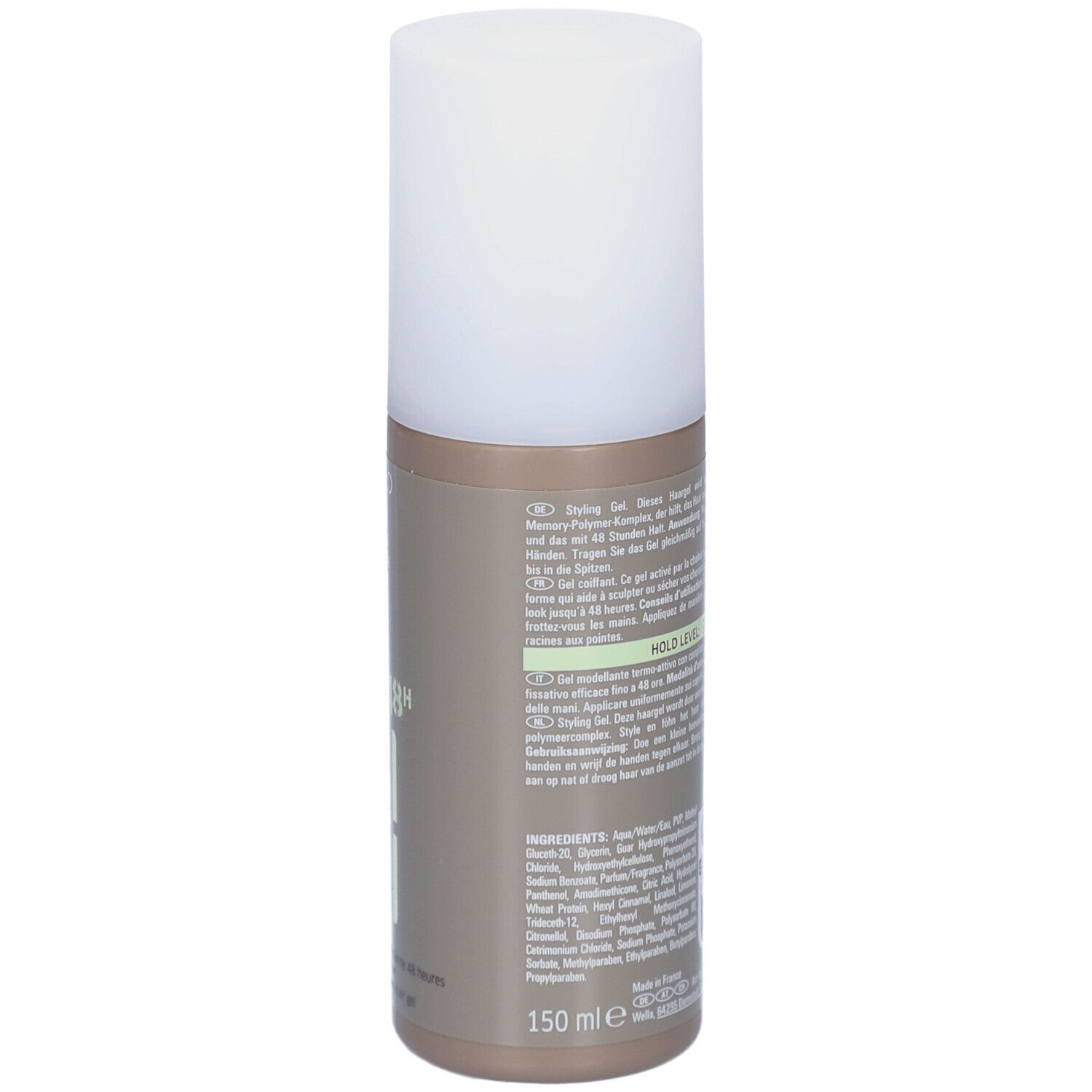 Achterkant van de Wella EIMI Shape Me fles. Tekst en ingrediënten. Fles met witte dop.