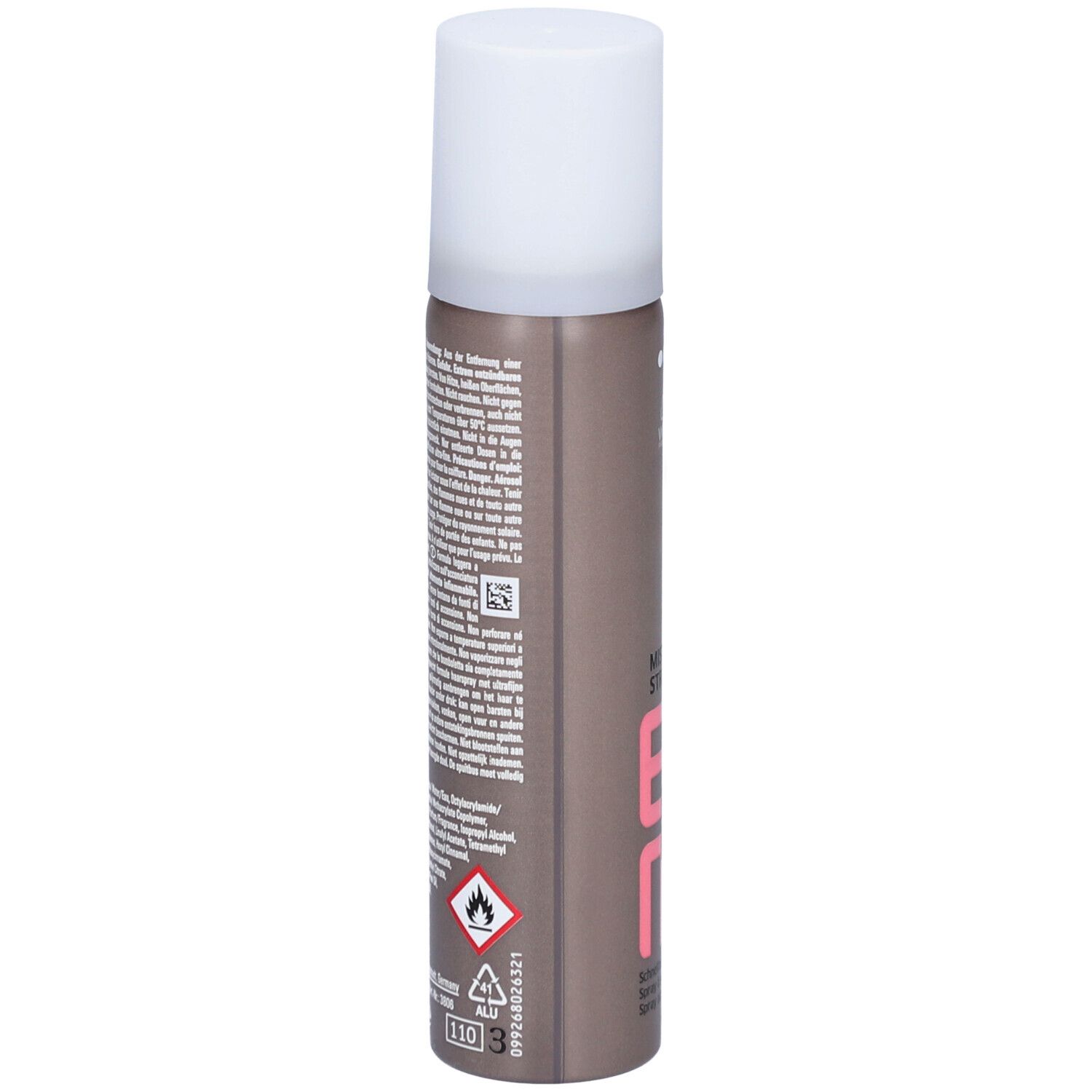 Haarsprayfles. Achterkant met tekst. Merk: Wella EIMI. Afdrukken en symbolen. Witte dop. Bruine fles.
