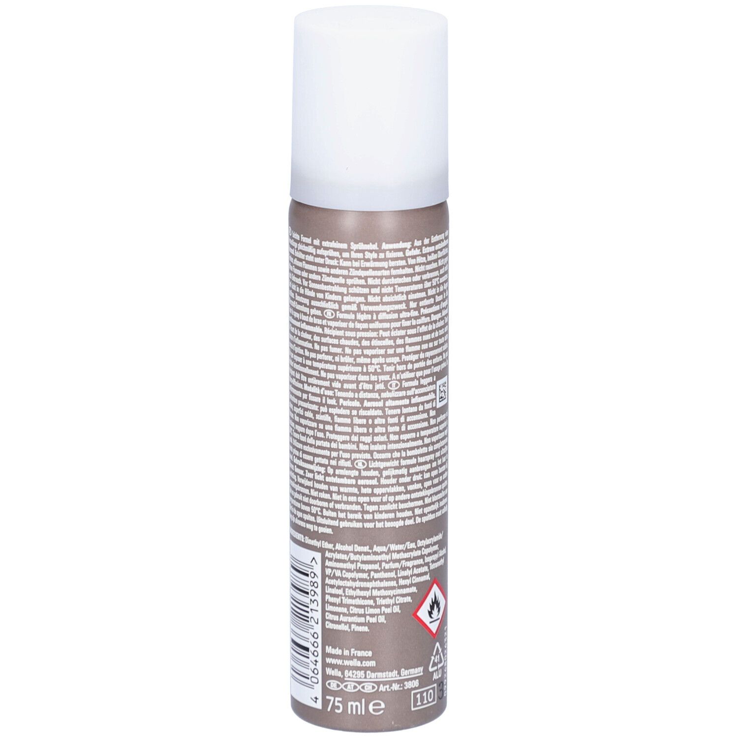 Haarsprayfles. Achterkant met tekst. Merk: Wella EIMI. Afdrukken en symbolen. Witte dop. Bruine fles.