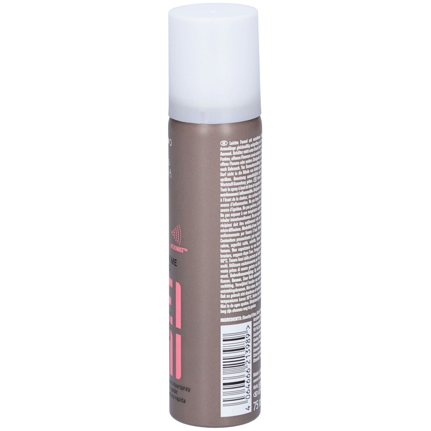 Haarsprayfles. Achterkant met tekst. Merk: Wella EIMI. Afdrukken en symbolen. Witte dop. Bruine fles.