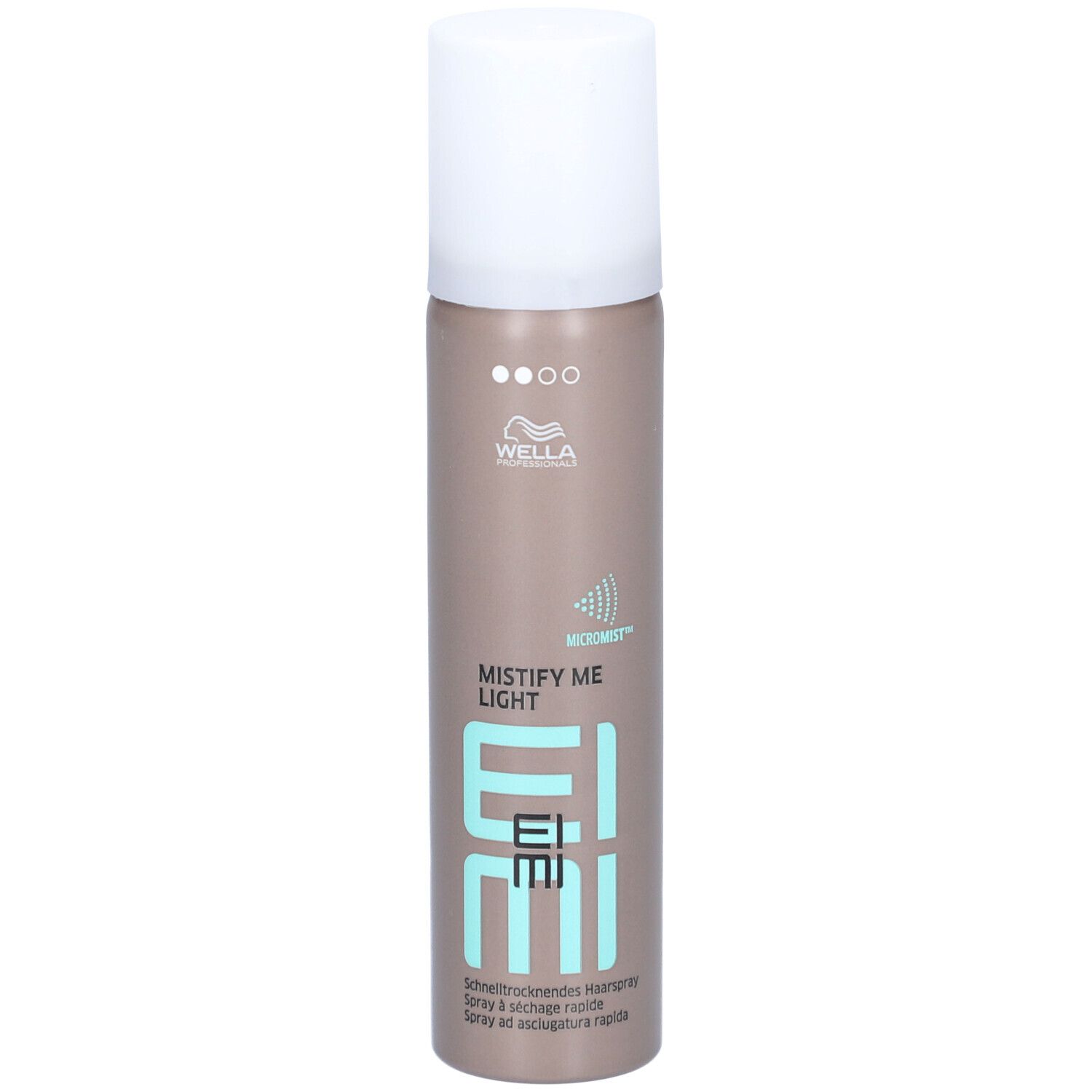 Haarspray-bus, bruin-zilver, witte dop. Opschrift: Wella, EIMI Mistify Me Light. Opschrift: Sneldrogende haarspray.