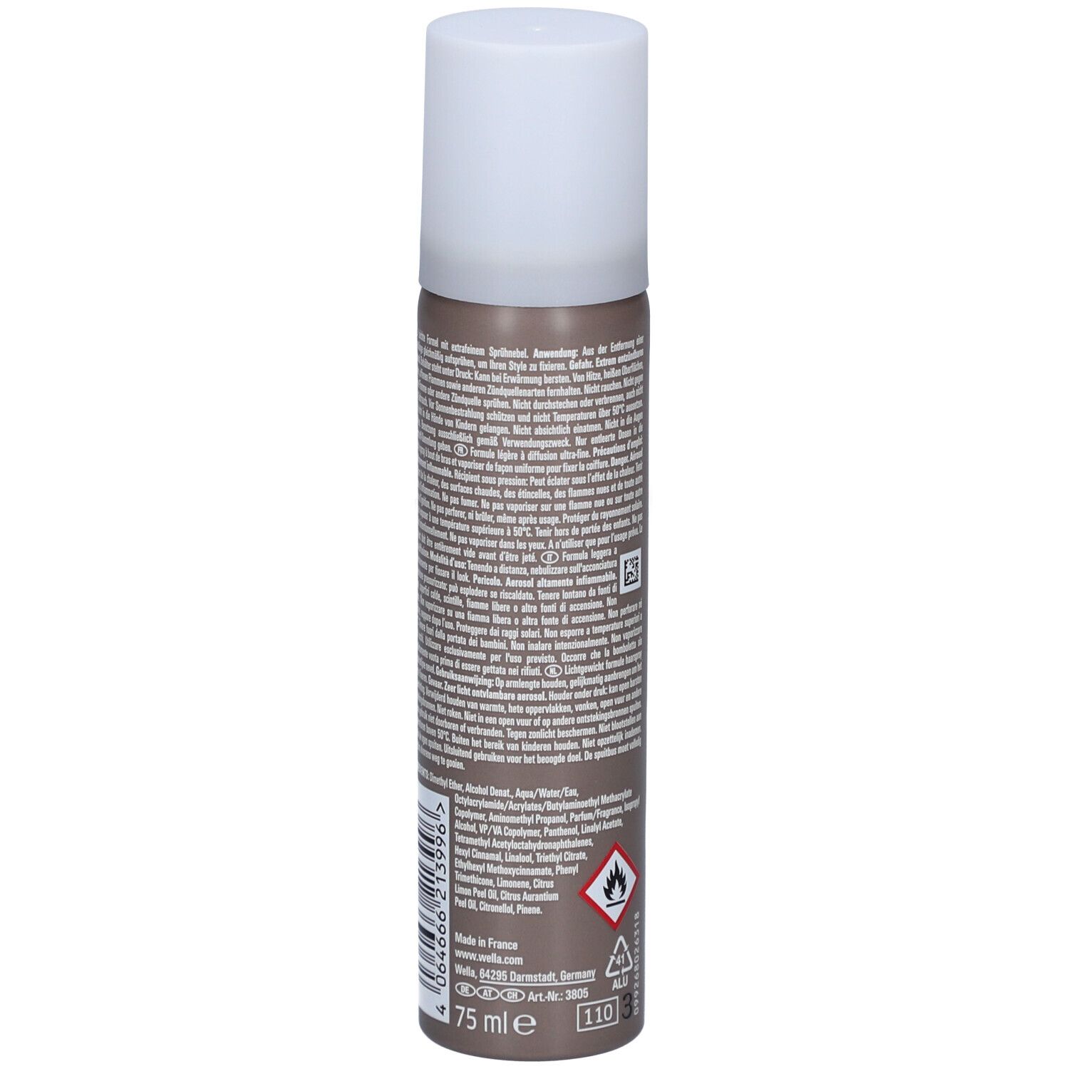 Achterkant haarspray-bus. Tekst in meerdere talen. Volume: 75 ml. Adres fabrikant. Waarschuwing: Ontvlambaar.