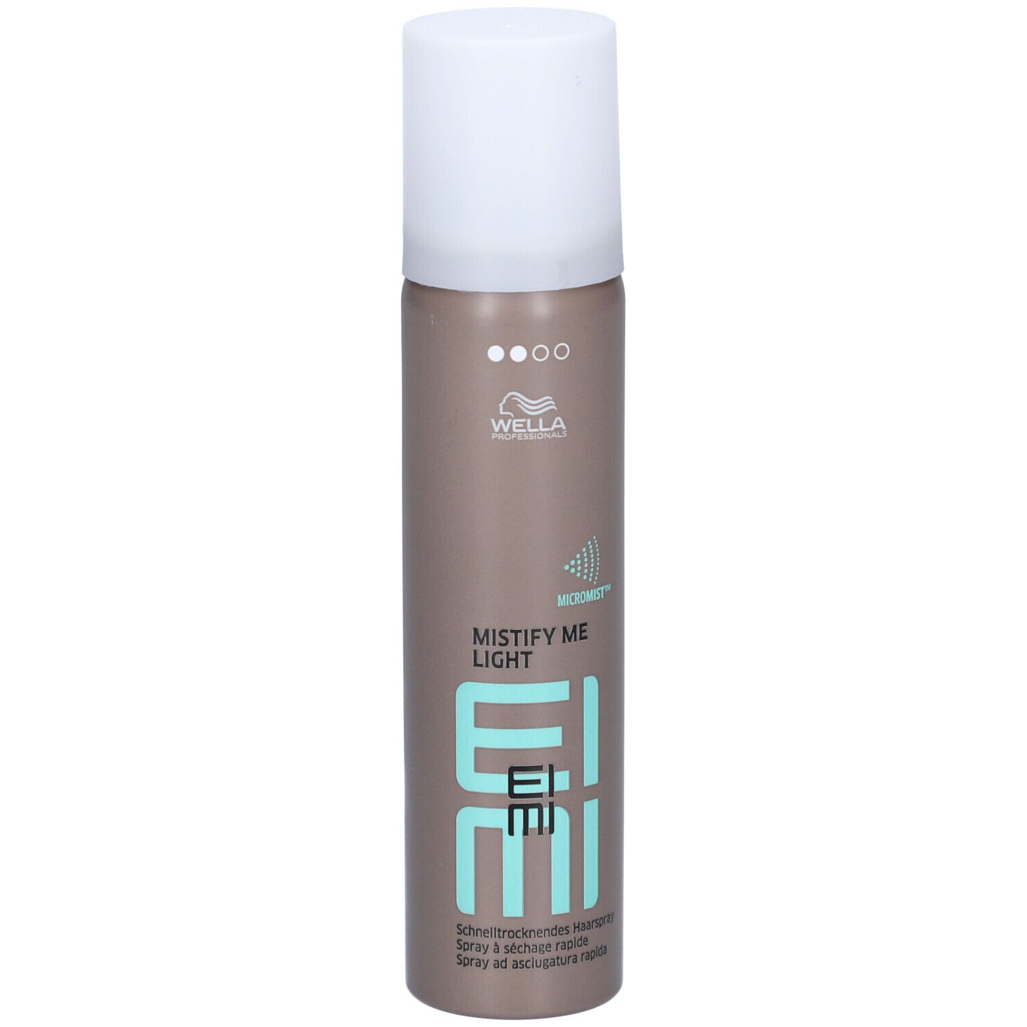 Haarspray-bus, bruin-zilver, witte dop. Opschrift: Wella, EIMI Mistify Me Light. Opschrift: Sneldrogende haarspray.