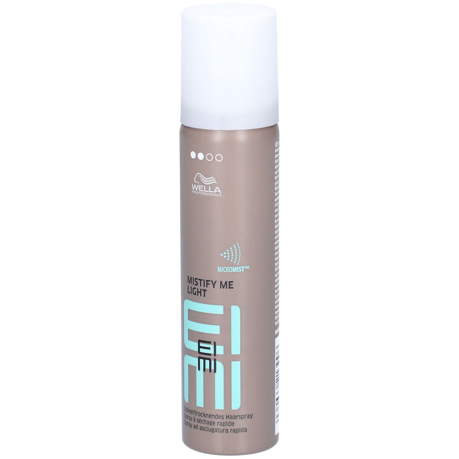 Haarspray-bus, bruin-zilver, witte dop. Opschrift: Wella, EIMI Mistify Me Light. Opschrift: Sneldrogende haarspray.