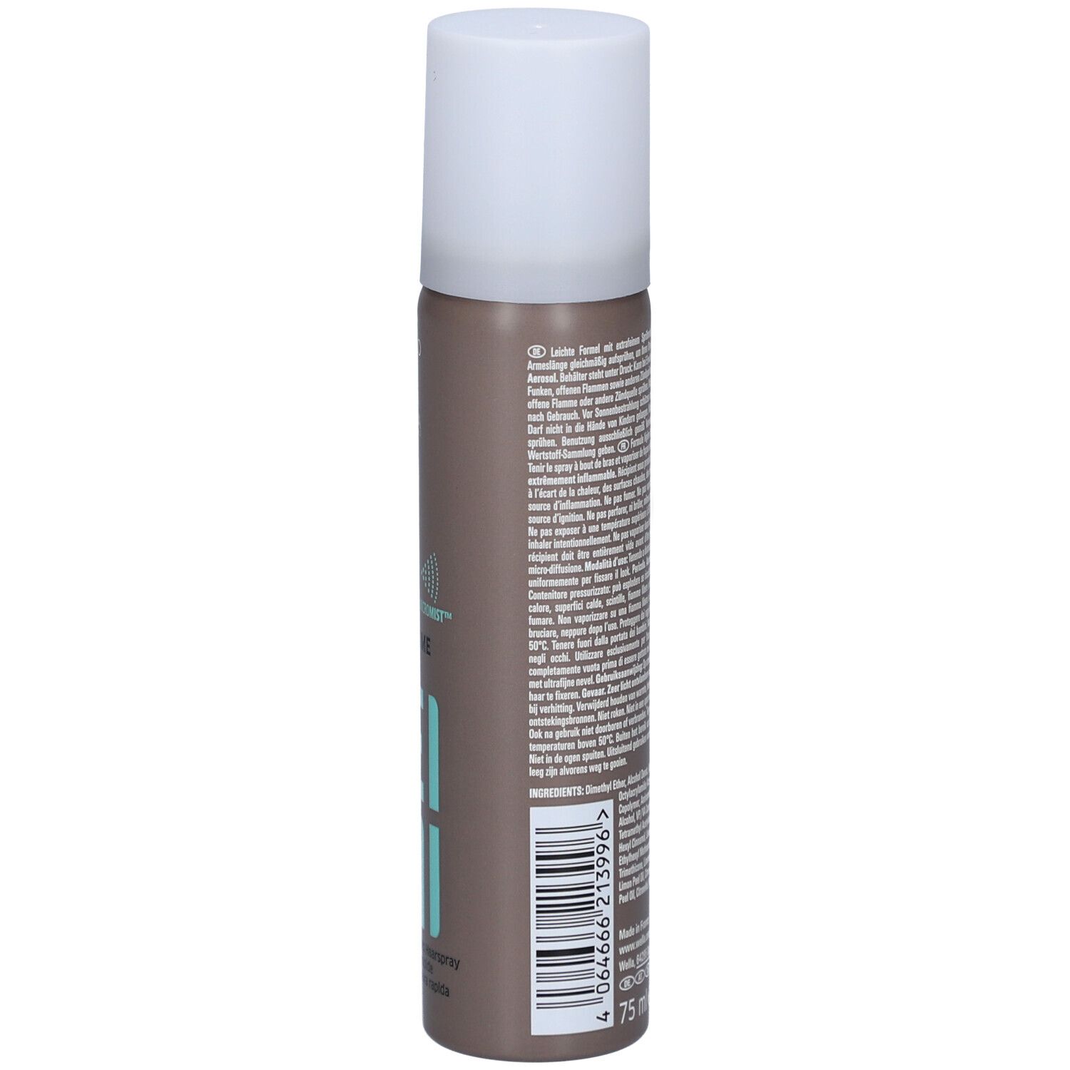 Achterkant haarspray-bus. Tekst in meerdere talen. Volume: 75 ml. Streepjescode. Adres fabrikant.