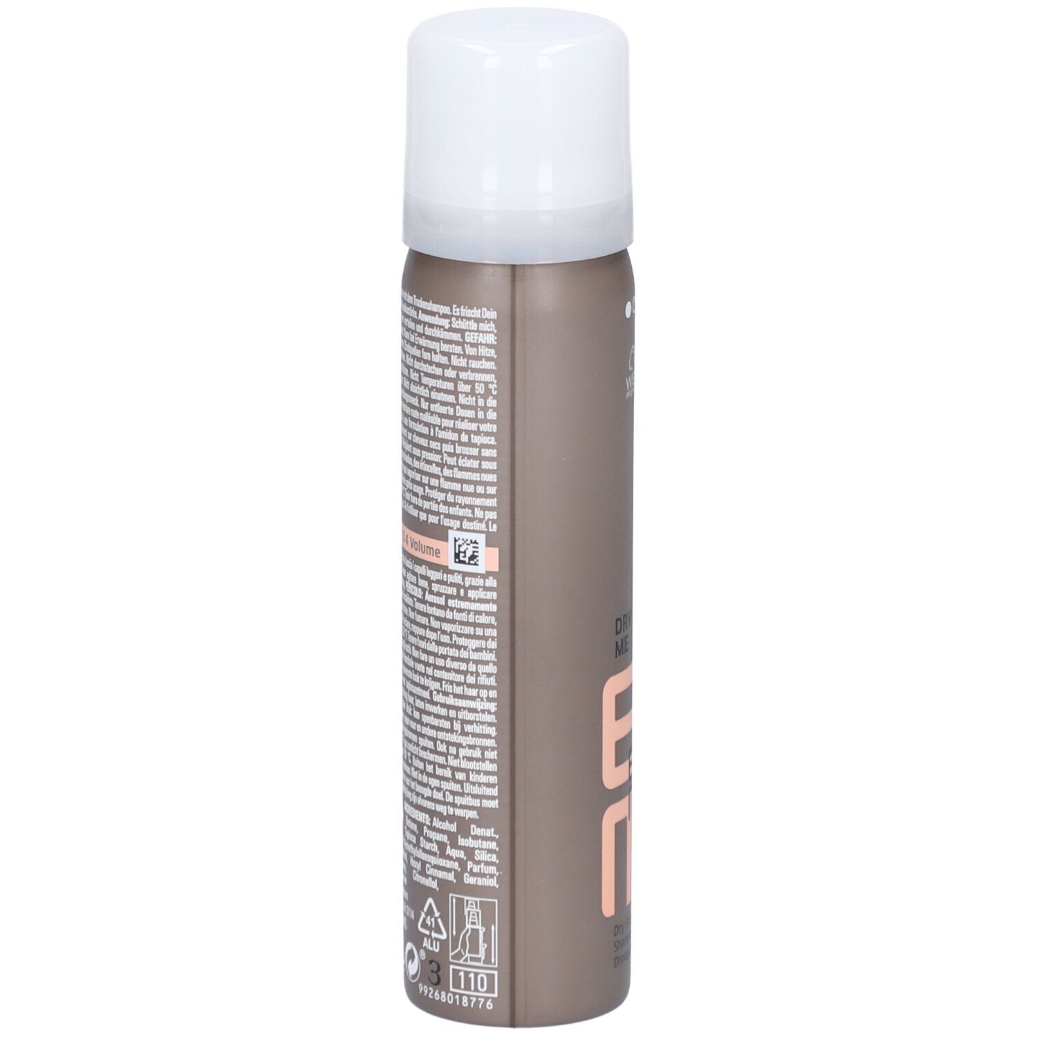 Wella Professionals EIMI Dry Me. Vue arrière détaillée du flacon. Texte et logos visibles.