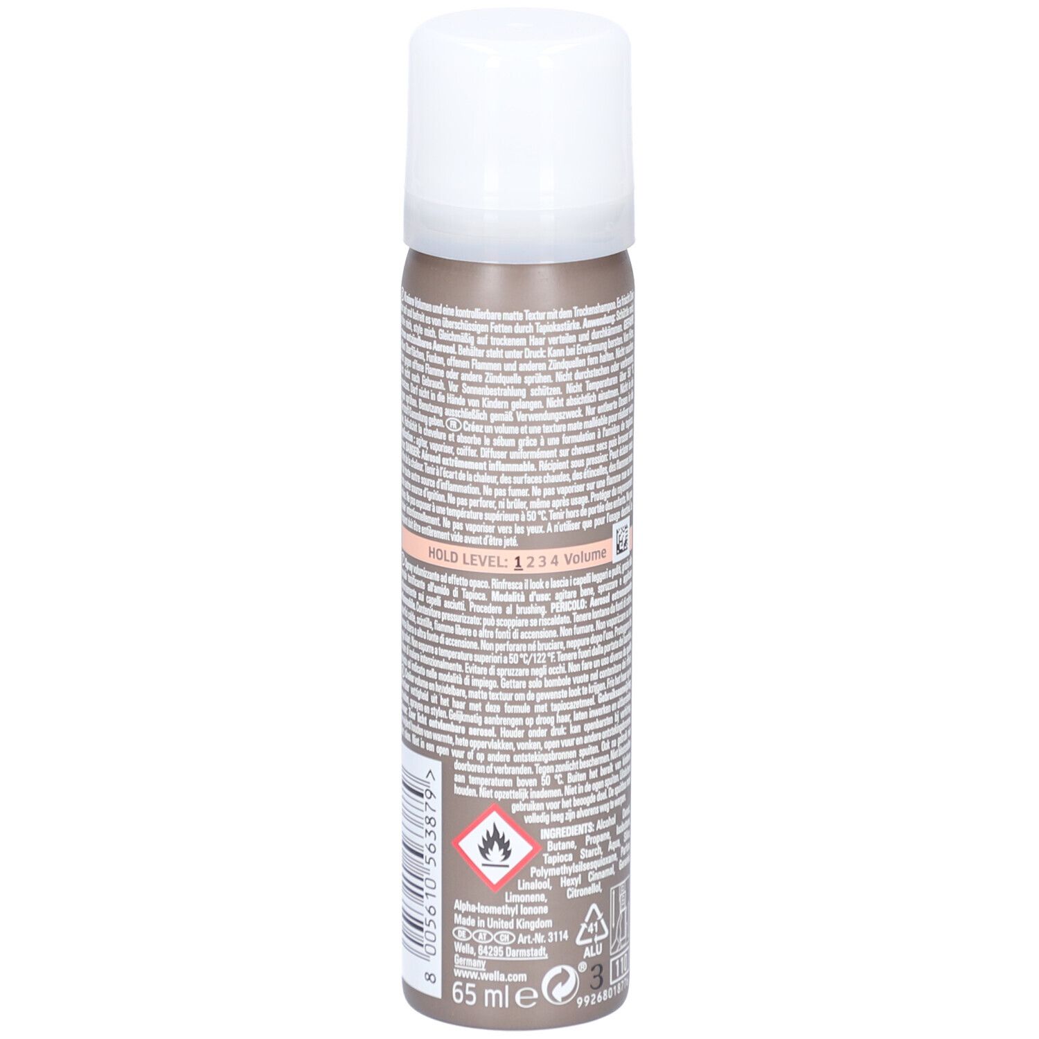 Wella Professionals EIMI Dry Me. Arrière du flacon avec texte, logos et avertissements.