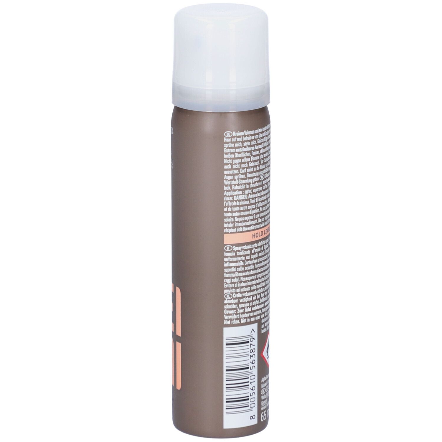 Wella Professionals EIMI Dry Me. Vue détaillée du flacon avec texte et logos.