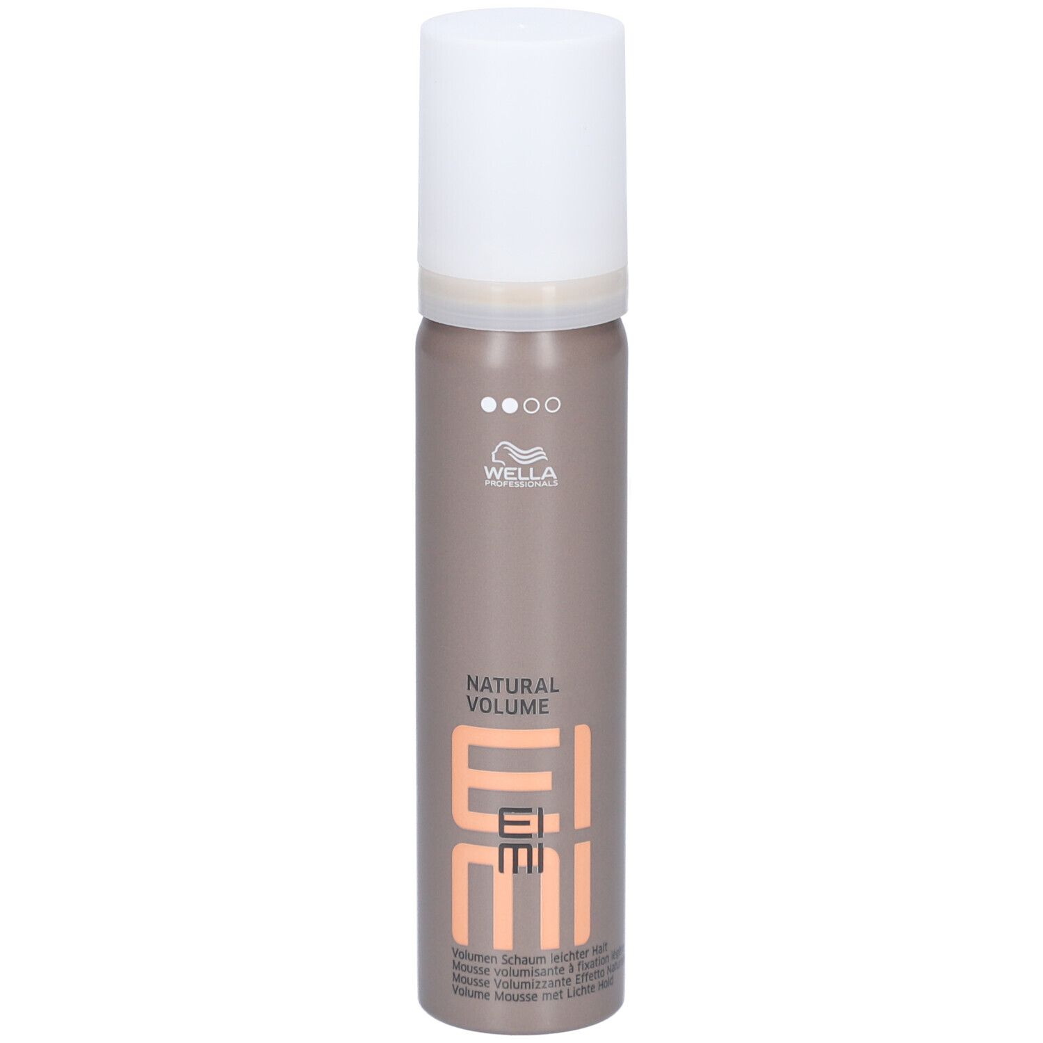 Flacon de mousse coiffante avec bouchon blanc. Inscription: NATURAL VOLUME, EIMI, logo Wella. Flacon marron.