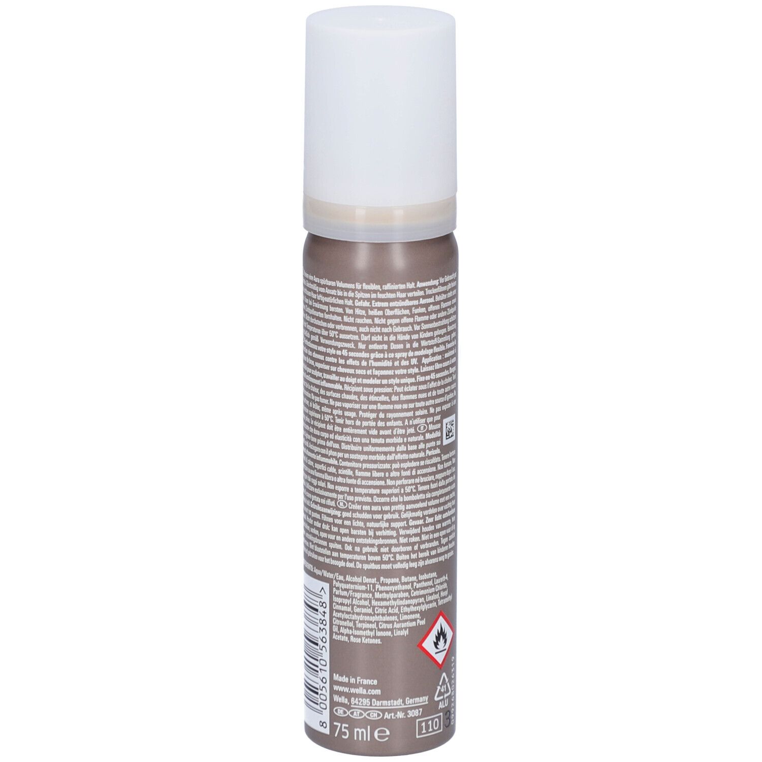 Dos du flacon de mousse coiffante. Texte et symboles. Flacon marron avec bouchon blanc. 75 ml.