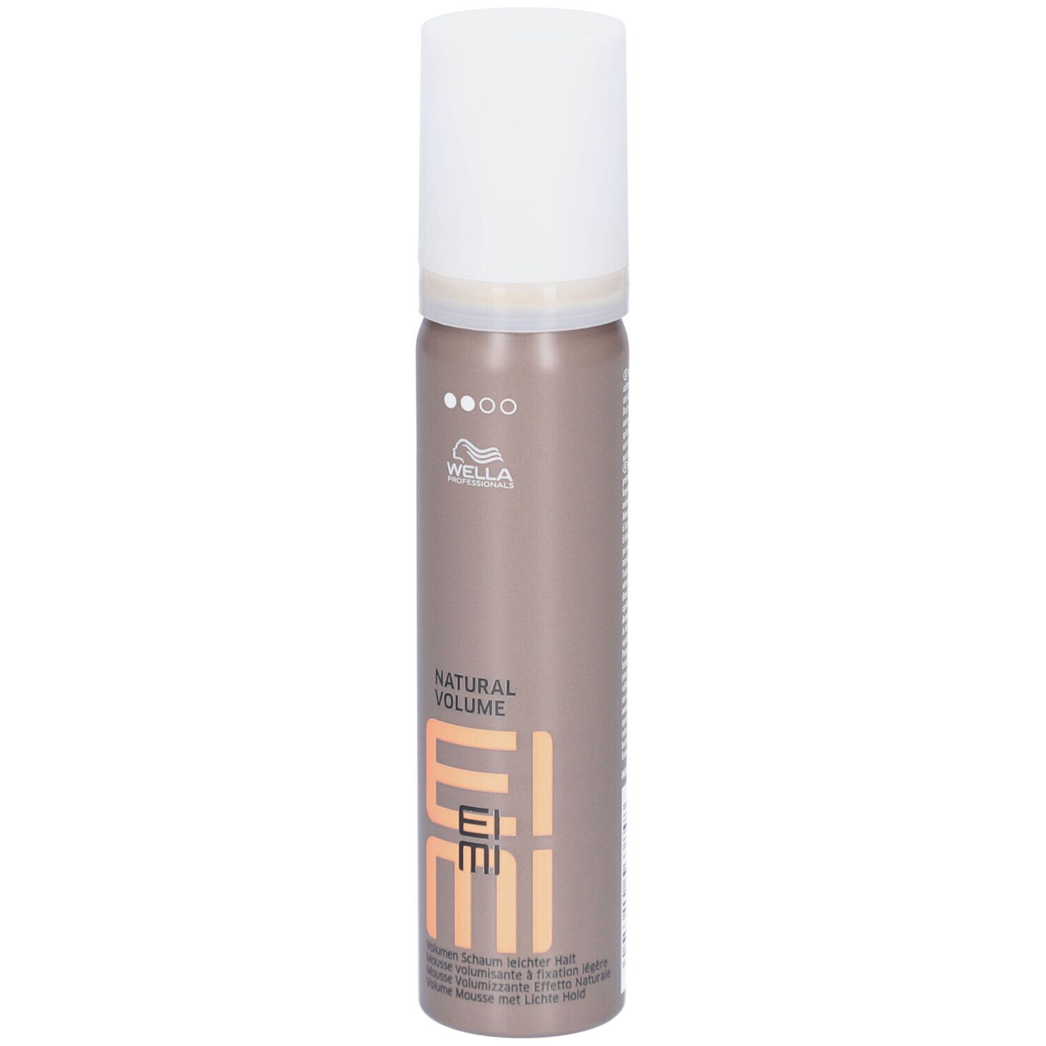 Flacon de mousse coiffante avec bouchon blanc. Inscription: NATURAL VOLUME, EIMI, logo Wella. Flacon marron.
