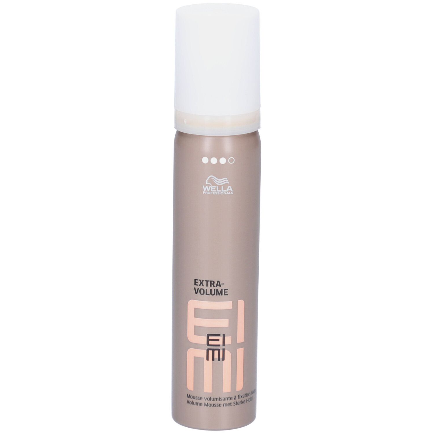 Flacon de mousse coiffante avec bouchon blanc. Inscription: EIMI Extra Volume. Marque: Wella Professionals.