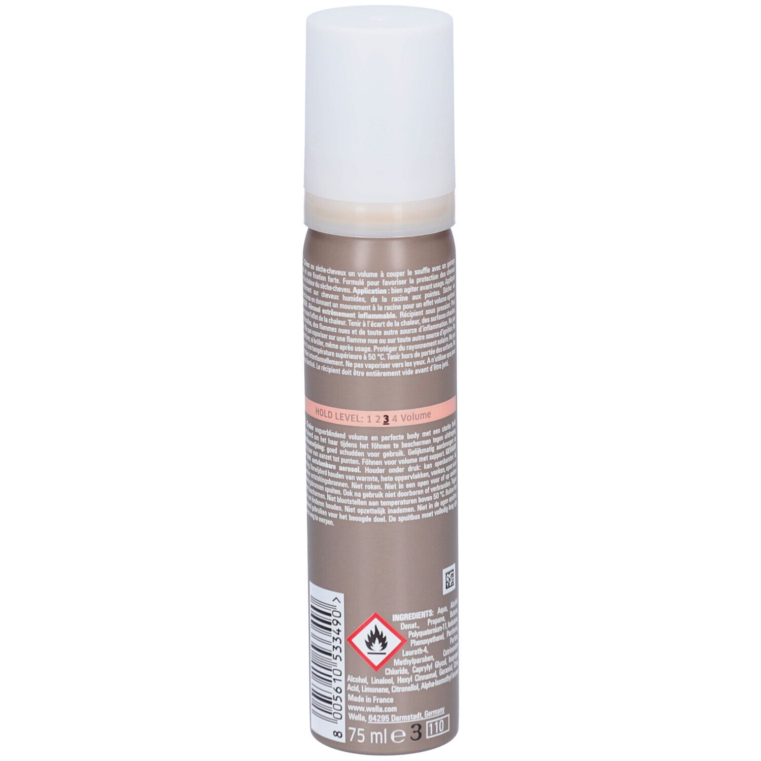Dos du flacon de mousse coiffante. Texte multilingue. Avertissement et indication de volume: 75 ml.