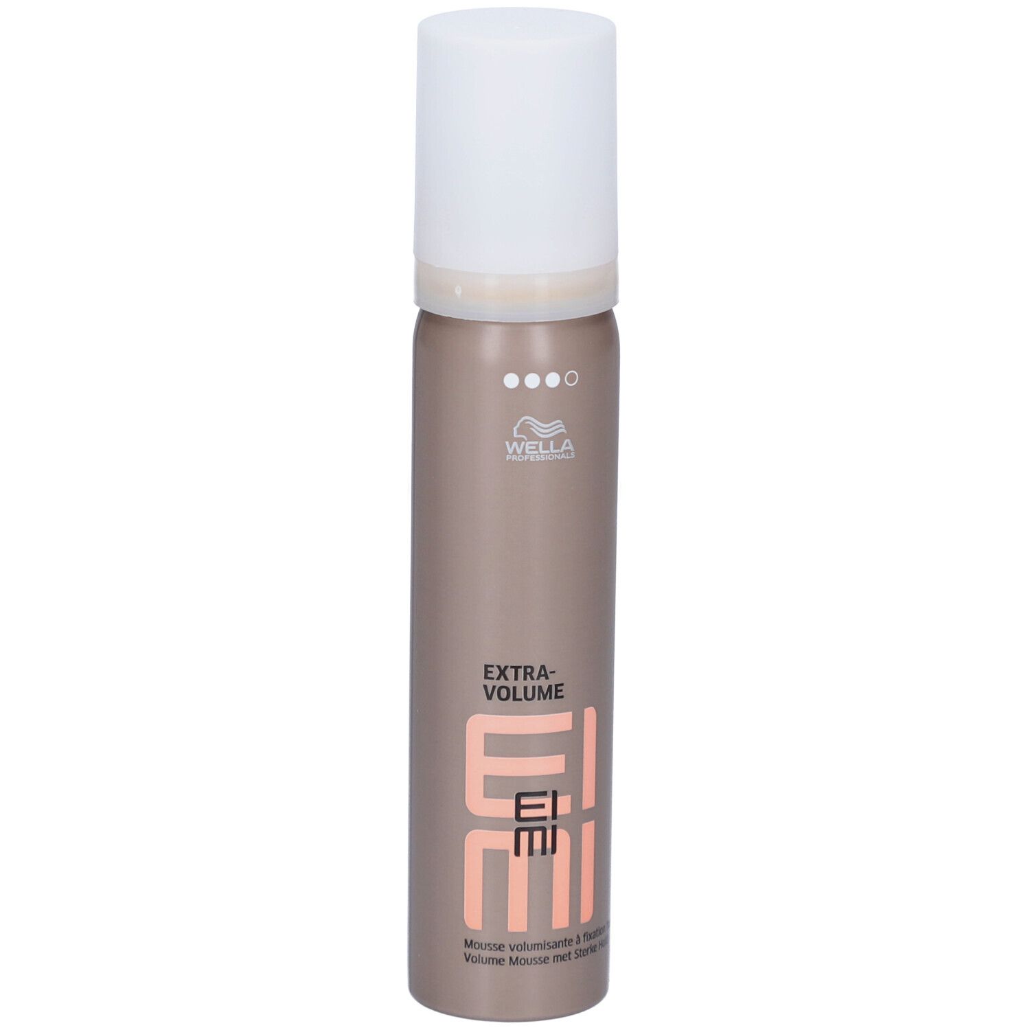 Flacon de mousse coiffante avec bouchon blanc. Inscription: EIMI Extra Volume. Marque: Wella Professionals.