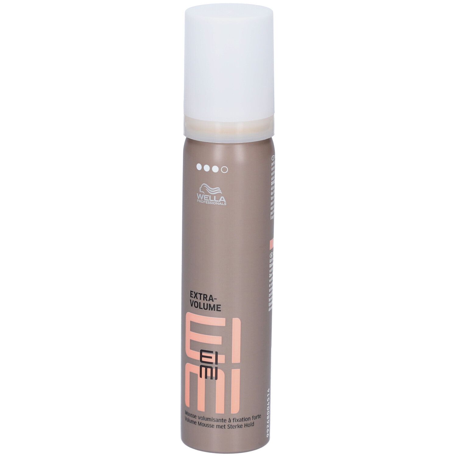 Flacon de mousse coiffante avec bouchon blanc. Inscription: EIMI Extra Volume. Marque: Wella Professionals.