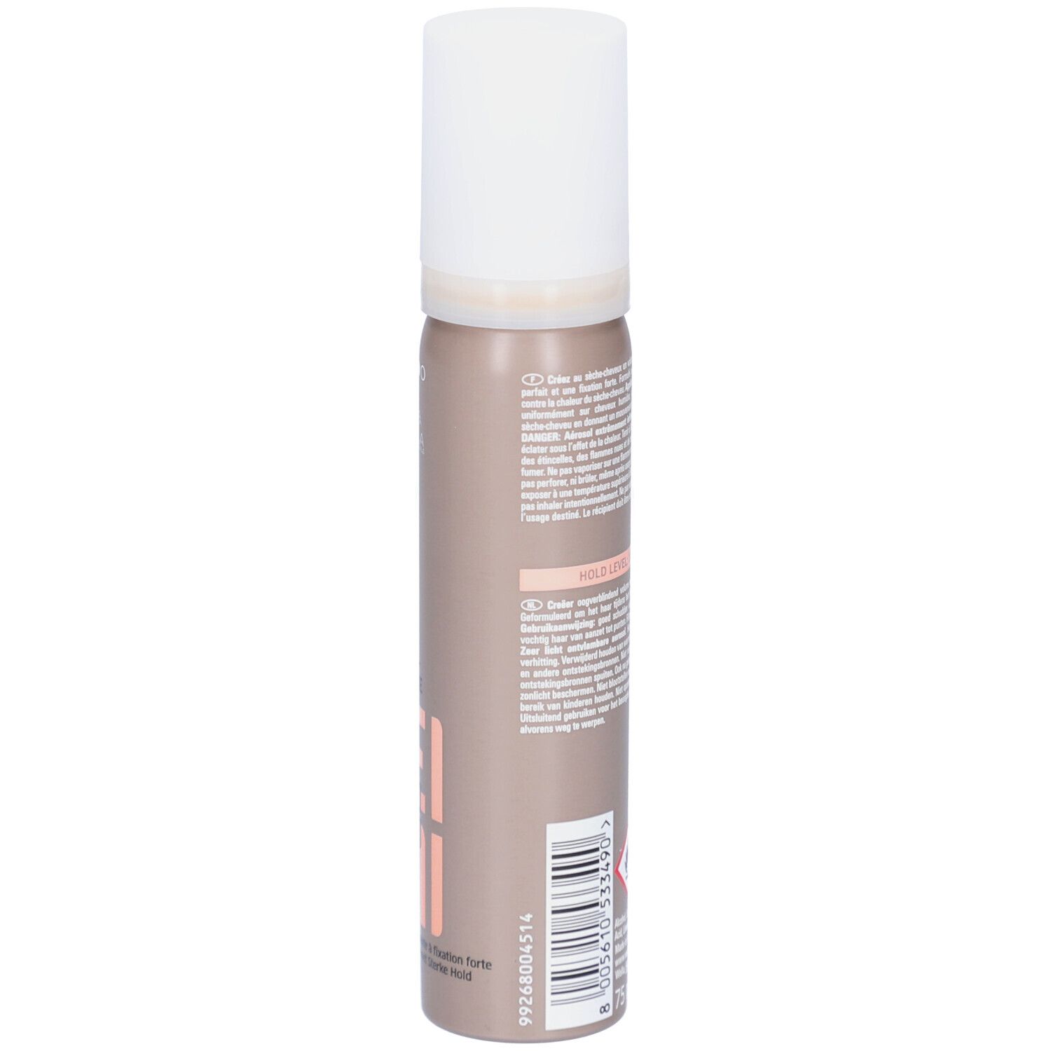 Dos du flacon de mousse coiffante. Texte multilingue. Avertissement et indication de volume: 75 ml.
