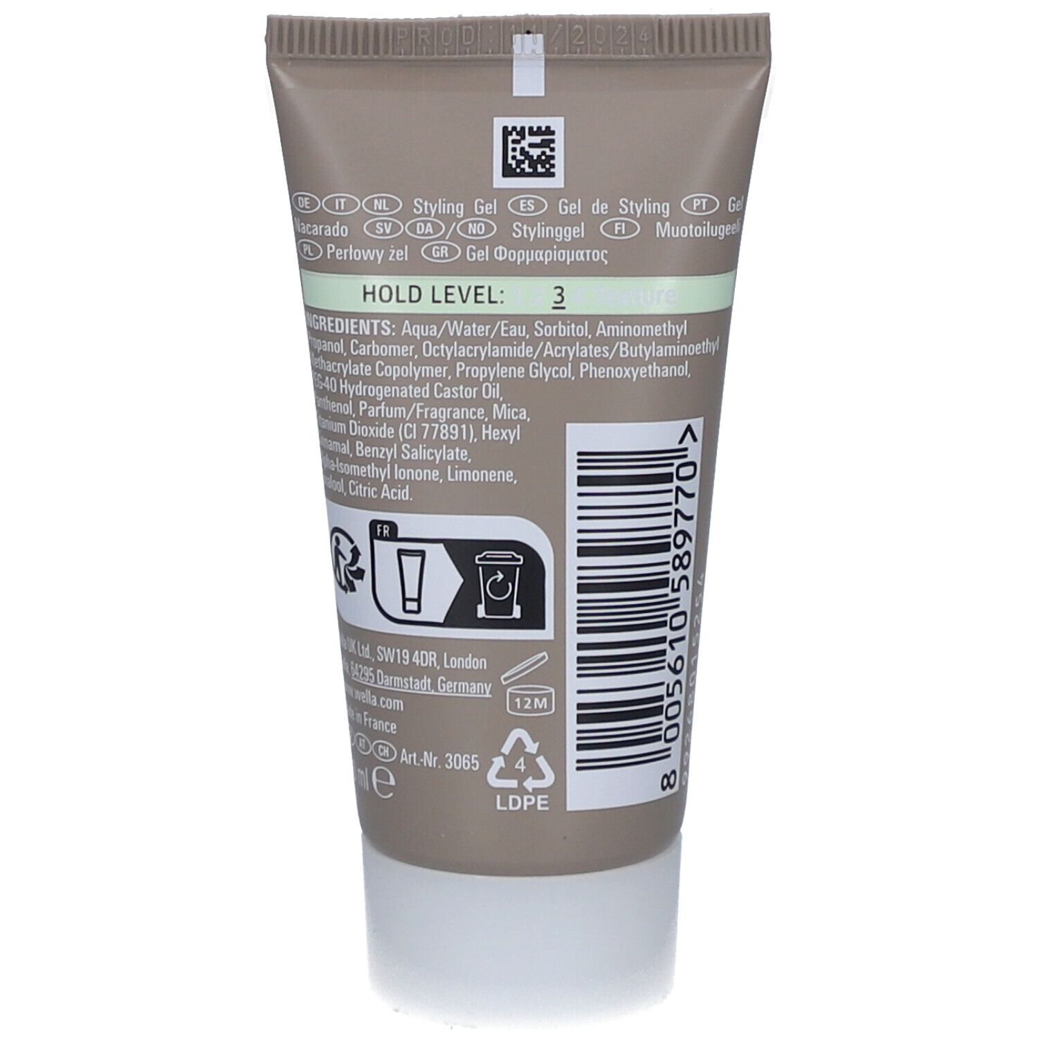 Achterkant van de Wella Eimi Pearl Styler Gel tube. Ingrediënten en informatie zichtbaar.