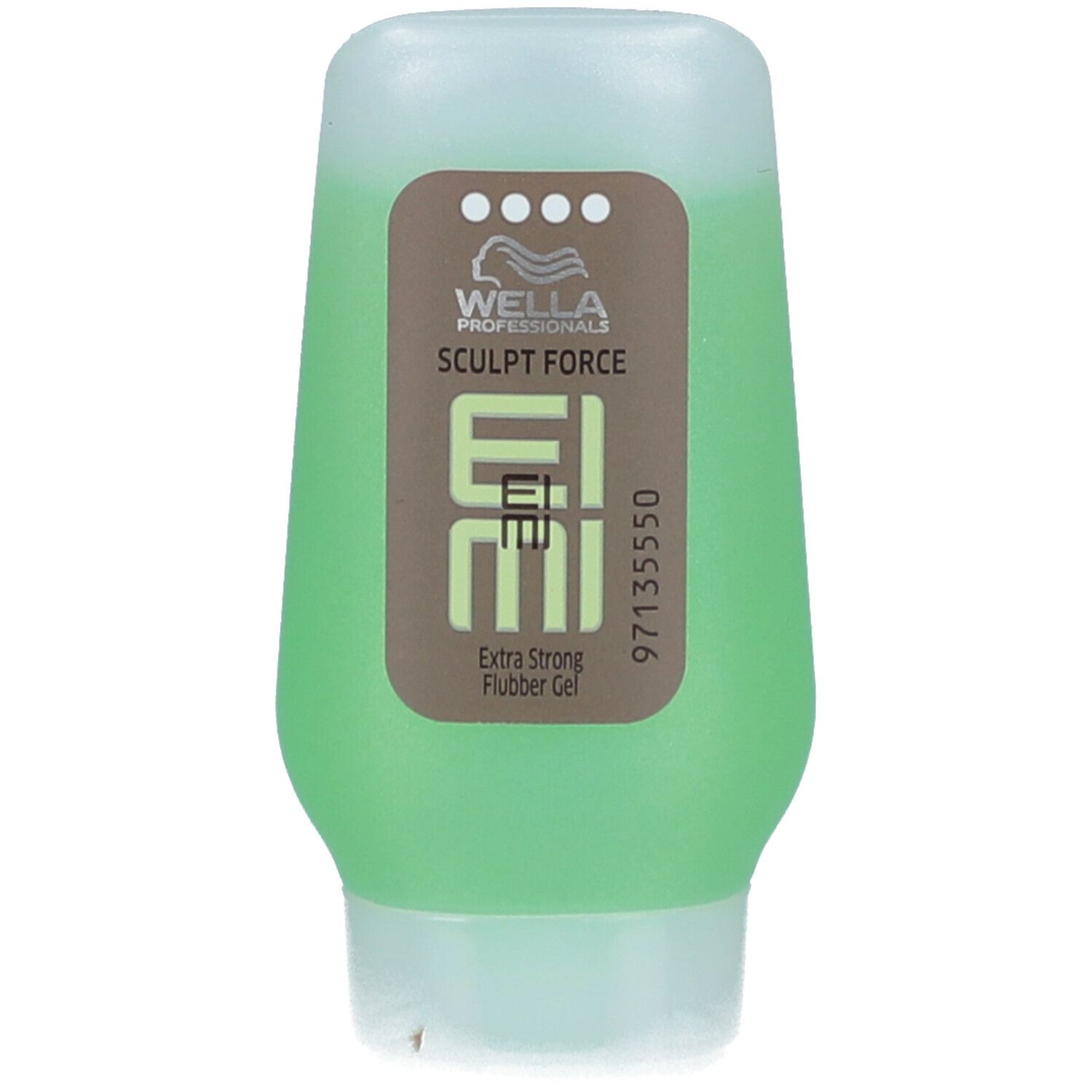 Flacon vert de gel Wella Eimi Sculpt Force. Inscription: Extra Strong Flubber Gel. Étiquette marron avec logo et nom du produit.