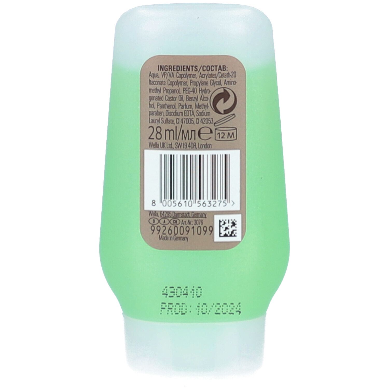 Dos d'un flacon vert de gel Wella Eimi. Contient ingrédients, code-barres, date de production et d'expiration. 28 ml.