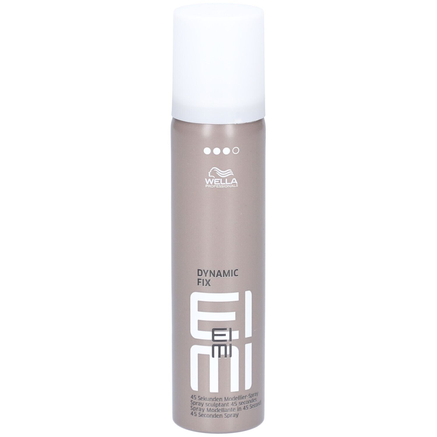 Haarspray-fles, bruin-grijs met witte dop. Opschrift: Wella, EIMI, Dynamic Fix. 45 seconden modellerende spray.