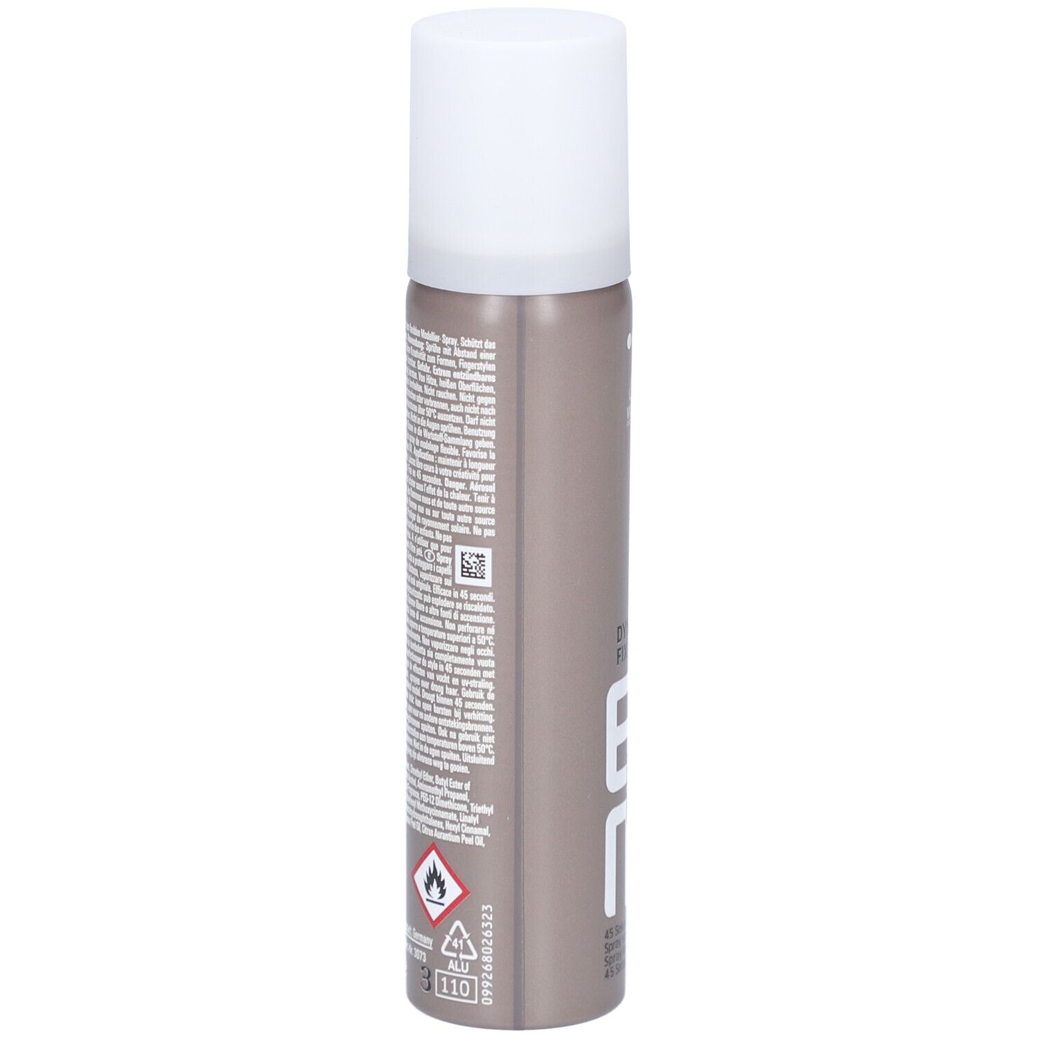 Haarspray-fles, bruin-grijs met witte dop. Tekst en waarschuwingen op de achterkant. Merken en waarschuwingssymbolen.