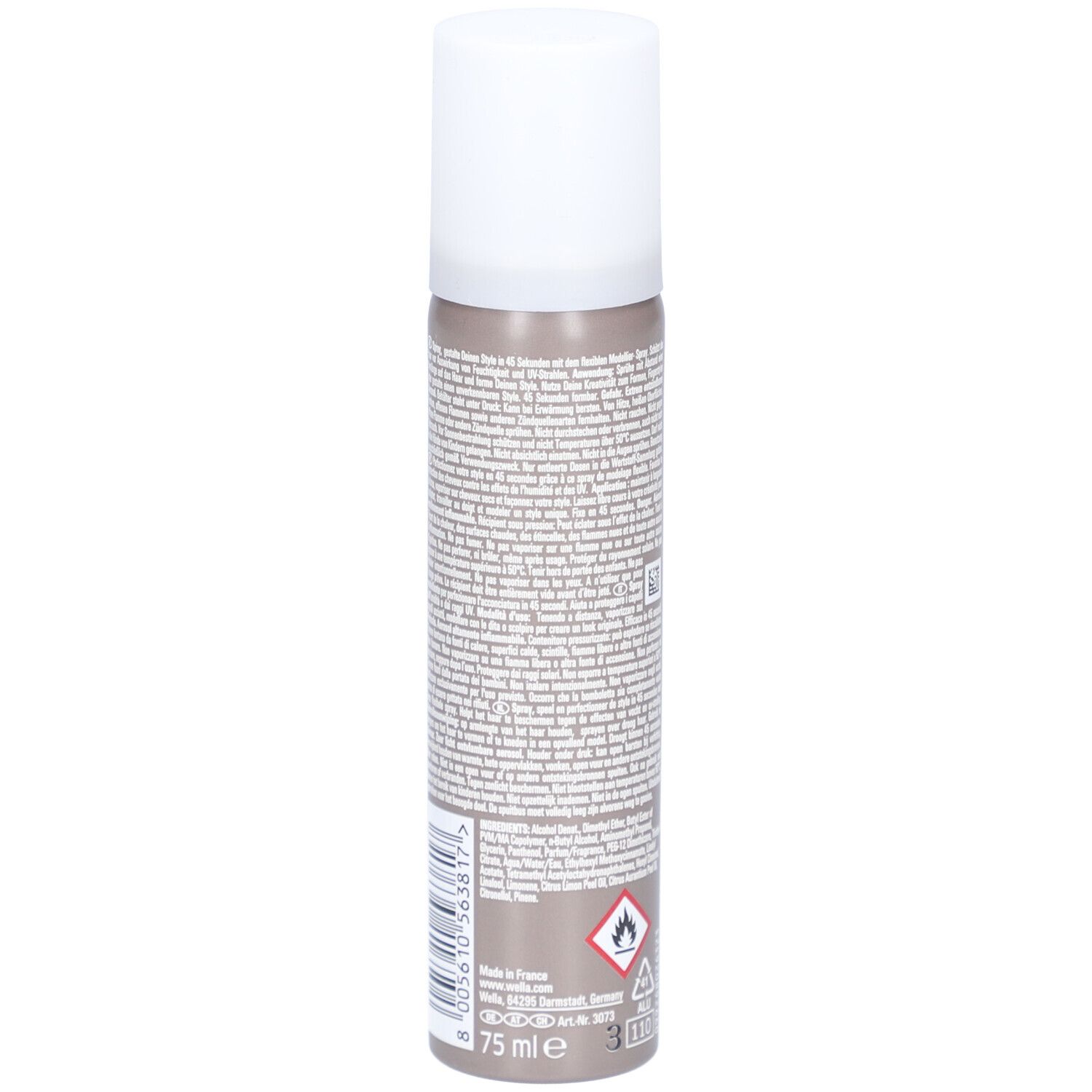 Haarspray-fles, bruin-grijs met witte dop. Opschrift: 75 ml. Waarschuwing en brandgevaar-symbool.