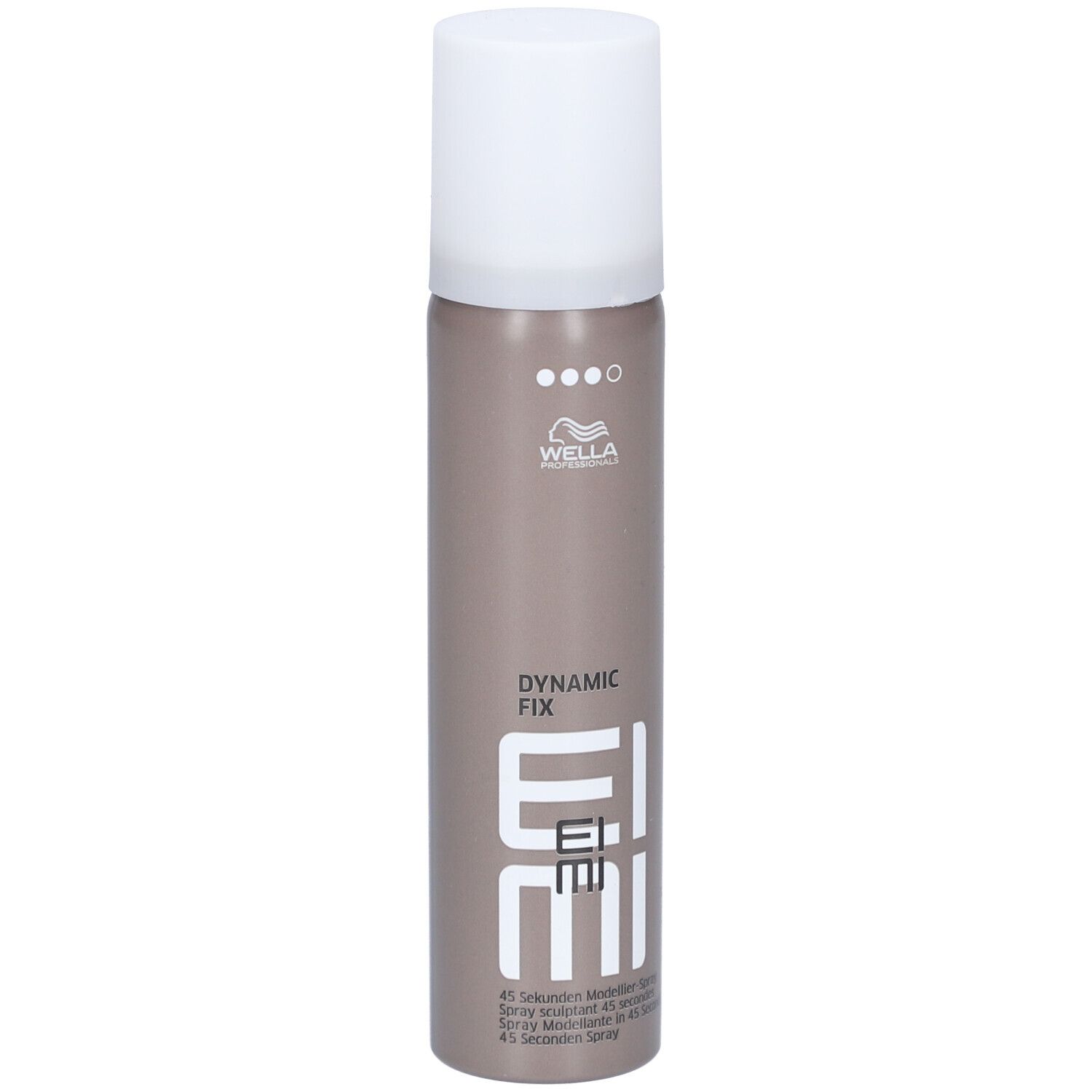 Haarspray-fles, bruin-grijs met witte dop. Opschrift: Wella, EIMI, Dynamic Fix. 45 seconden modellerende spray.
