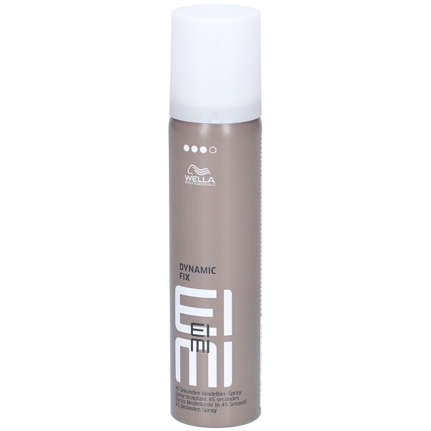 Haarspray-fles, bruin-grijs met witte dop. Opschrift: Wella, EIMI, Dynamic Fix. 45 seconden modellerende spray.