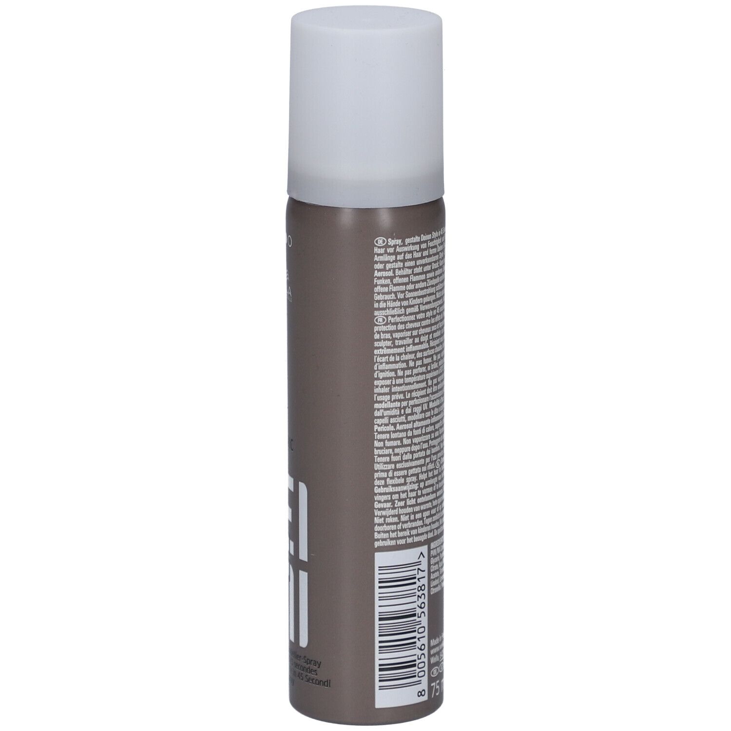 Haarspray-fles, bruin-grijs met witte dop. Opschrift: EIMI, Dynamic Fix. 75 ml.