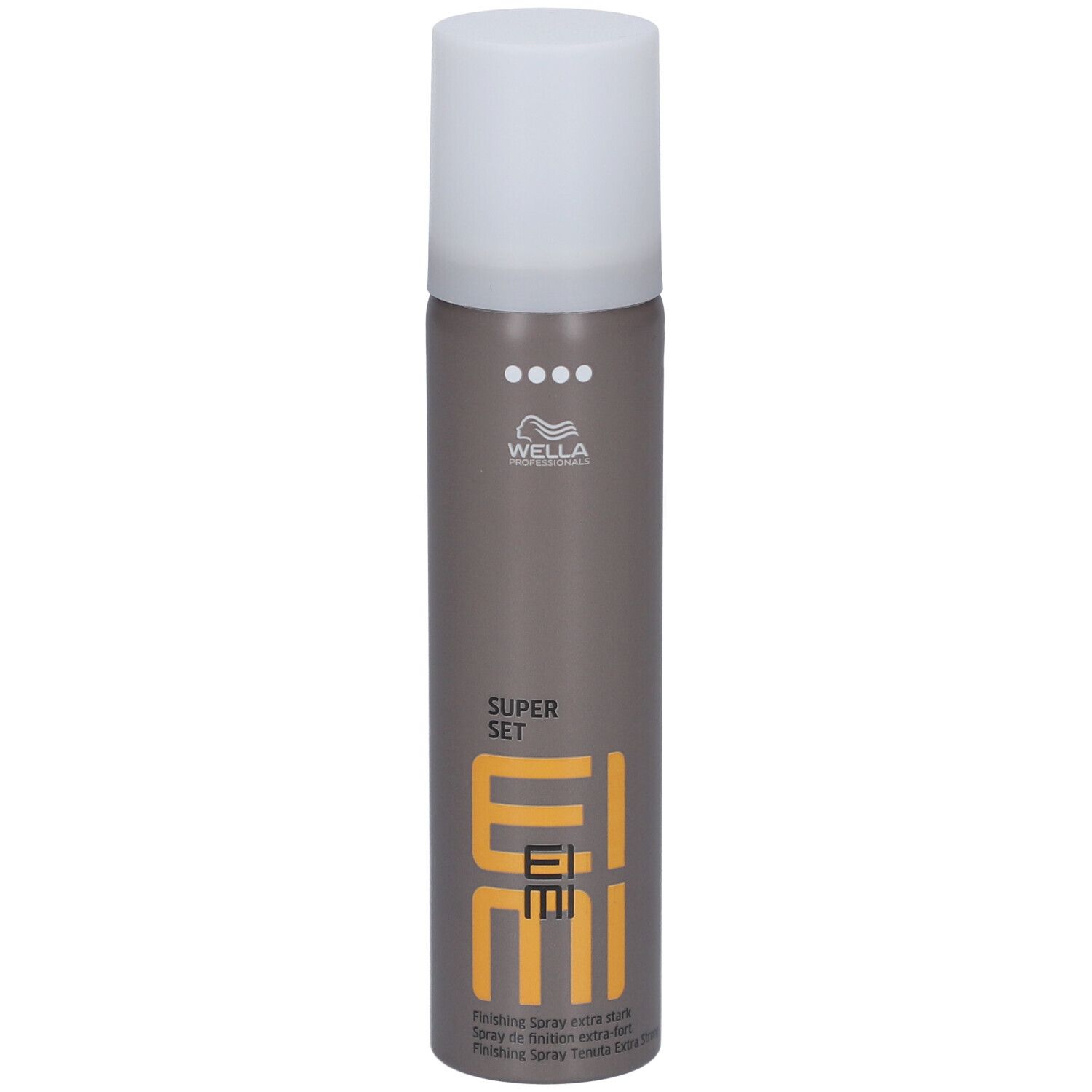 Haarsprayfles, bruin-grijs met witte dop. EIMI-logo en 'SUPER SET' zichtbaar.