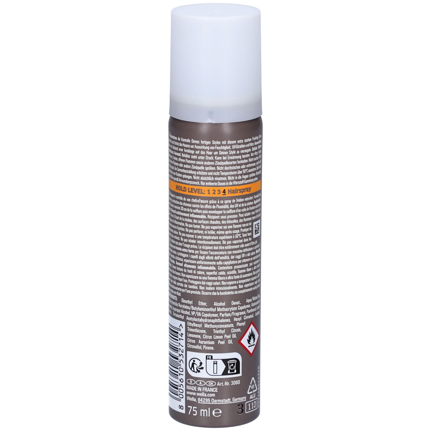 Haarsprayfles, bruin-grijs met witte dop. Achterkant met tekst, symbolen en '75 ml'.