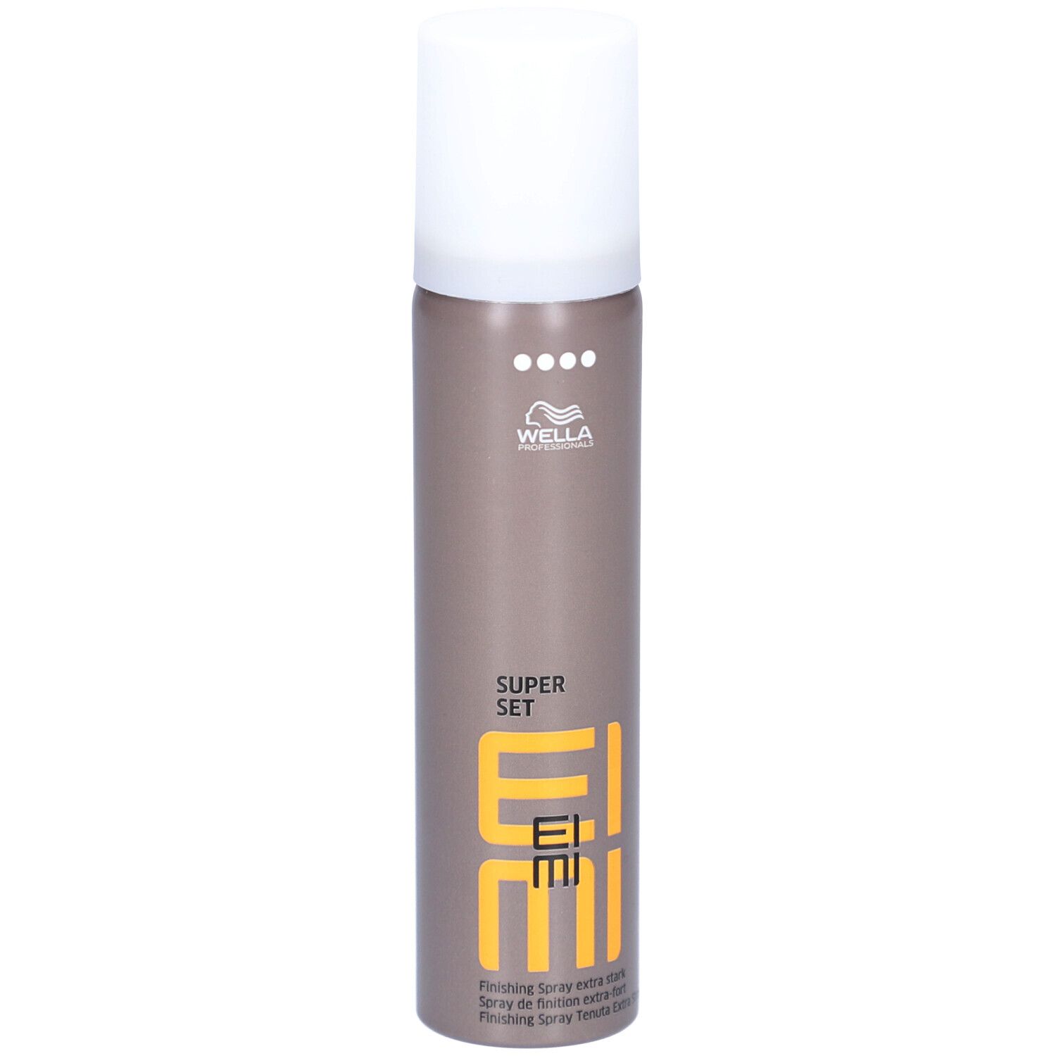Haarsprayfles, bruin-grijs met witte dop. EIMI-logo en 'SUPER SET' zichtbaar.