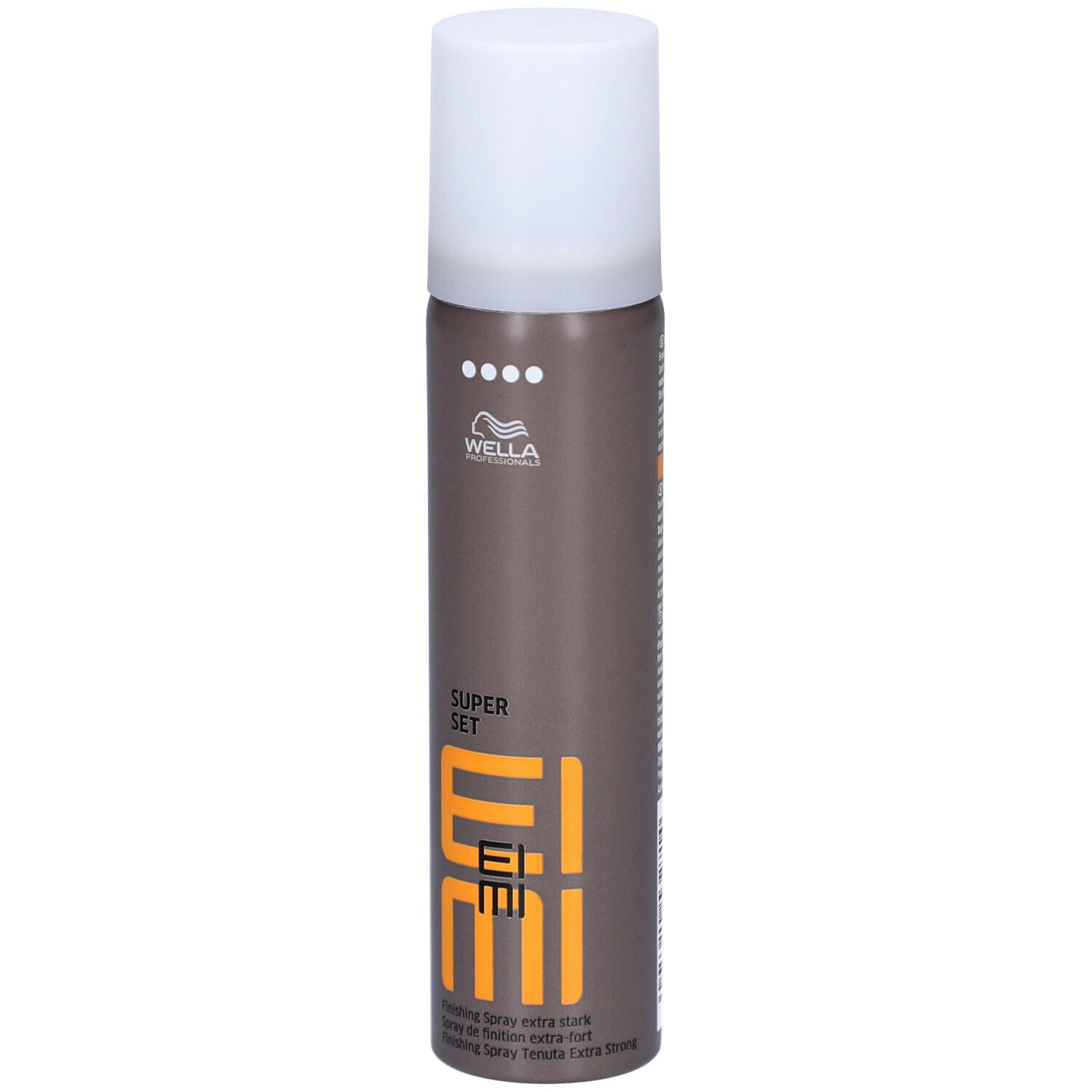 Haarsprayfles, bruin-grijs met witte dop. EIMI-logo en 'SUPER SET' zichtbaar.