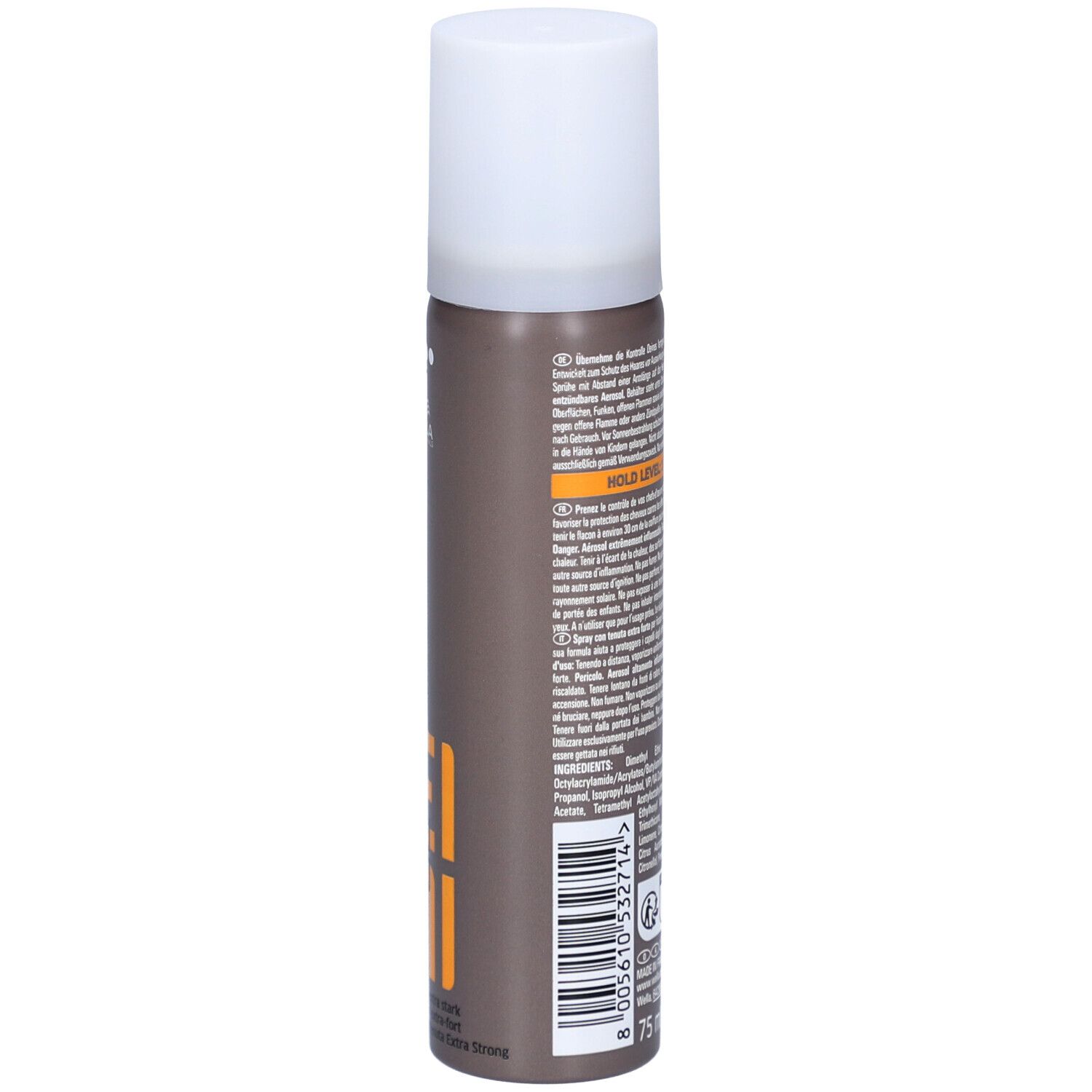 Haarsprayfles, bruin-grijs met witte dop. Achterkant met tekst, symbolen en '75 ml'.