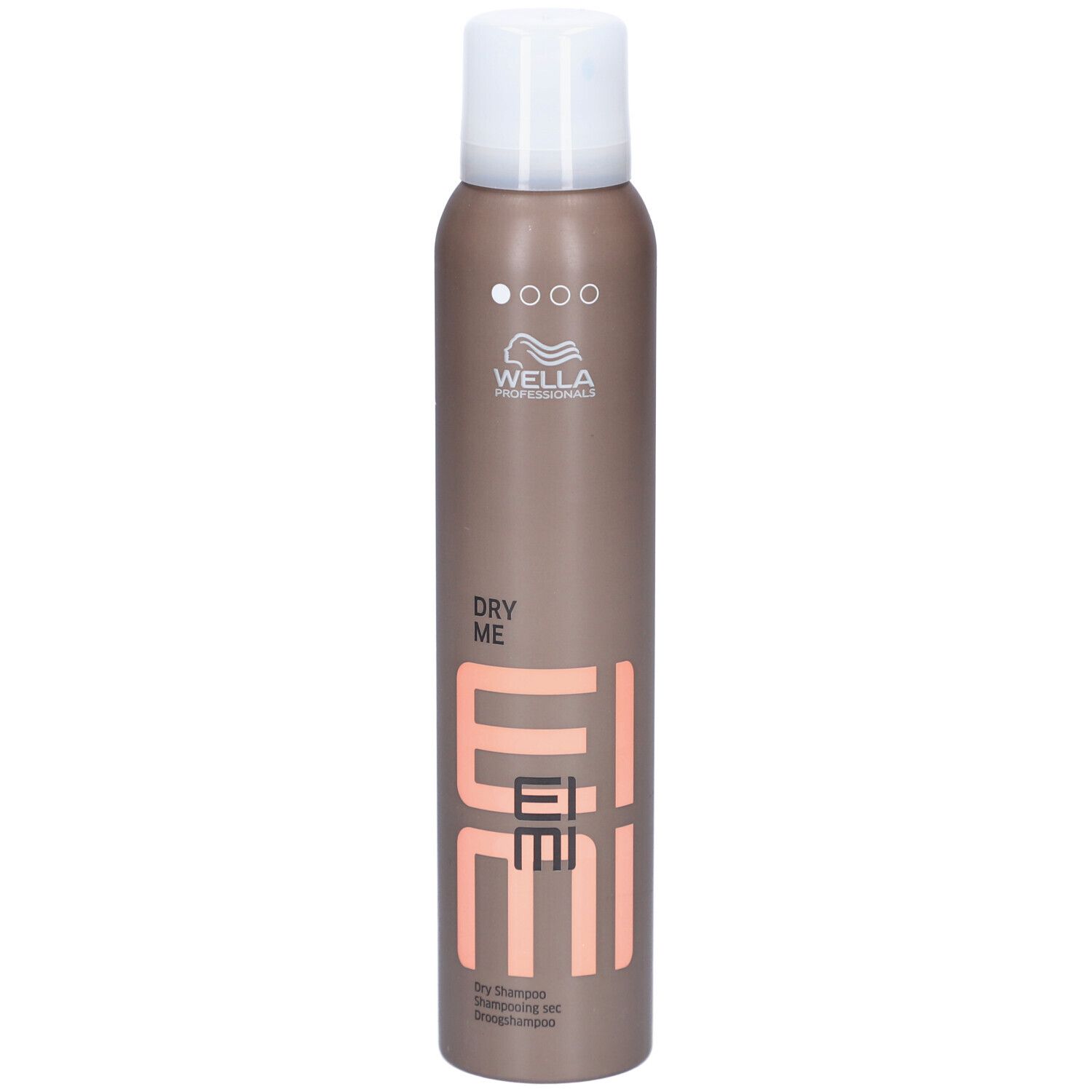 Bruine spuitfles met witte dop. Opschrift: DRY ME, EIMI, Wella Professionals. Droogshampoo.