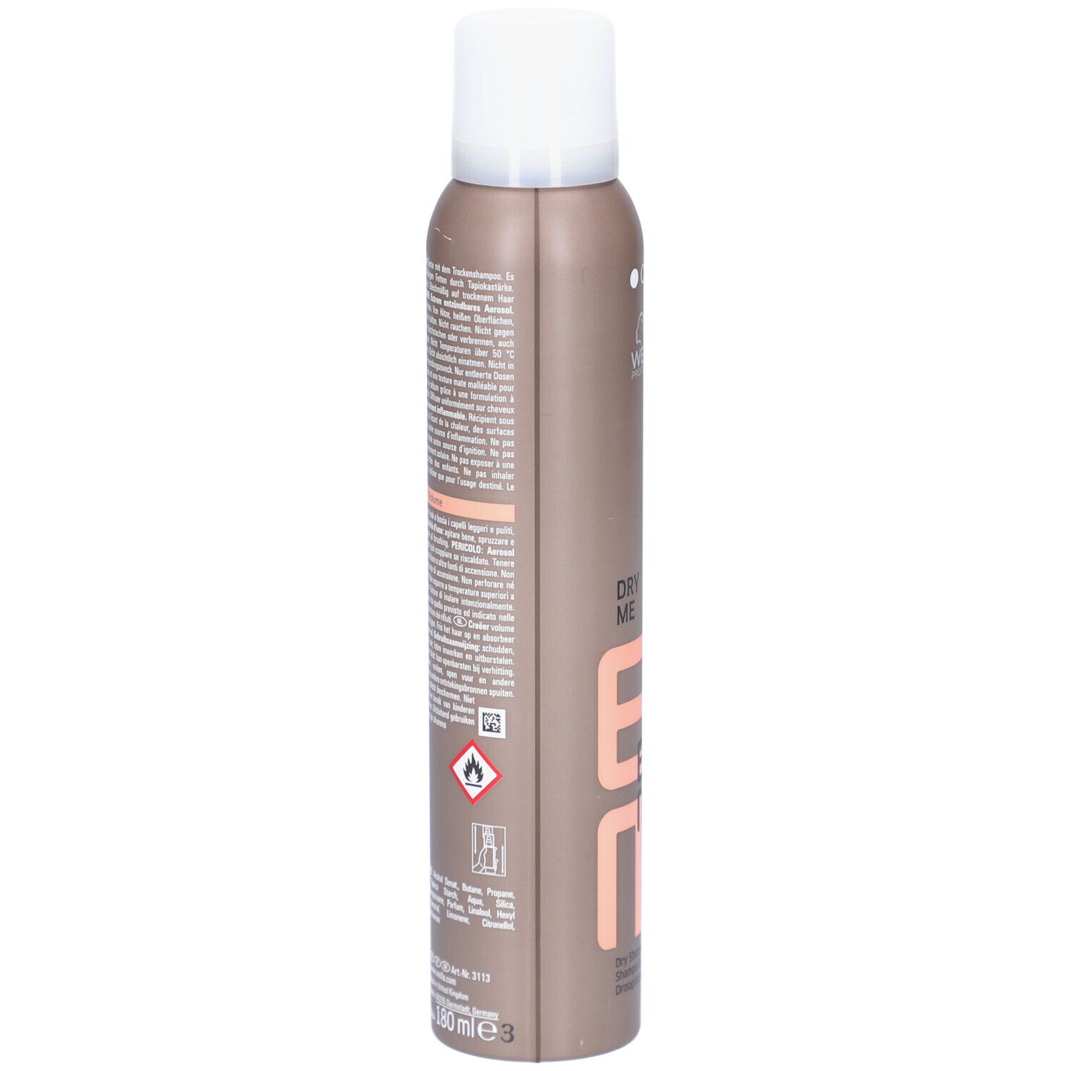 Bruine spuitfles, achterkant met tekst. Opschrift: DRY ME, EIMI. Waarschuwing. 180 ml.